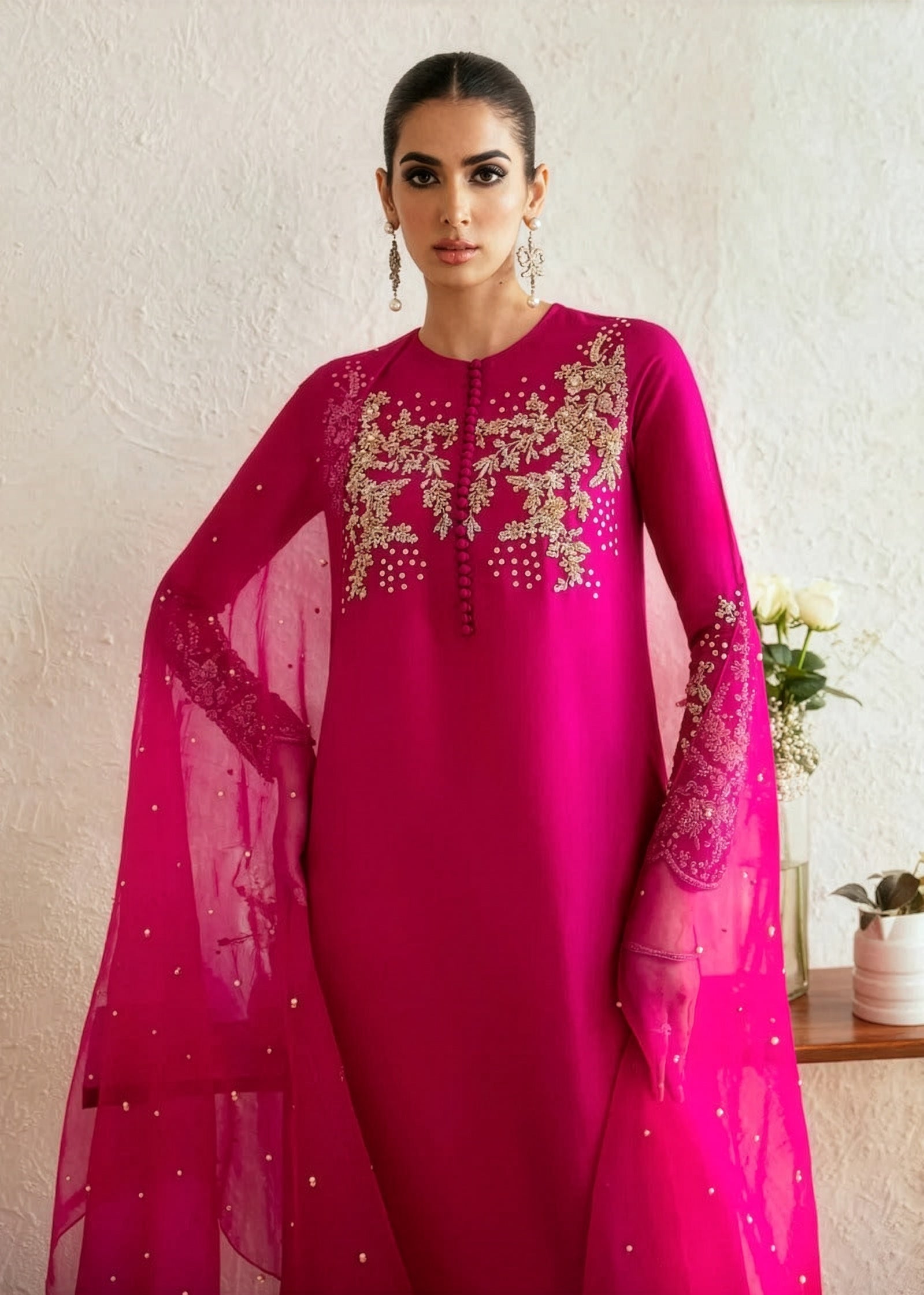 Myra Fuchsia & Gold Embroidered Pakistani occasion suit view 1