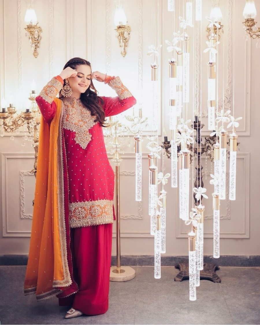 NOOSHAM Fuchsia & Orange Silk embroidered dress fabric view 2
