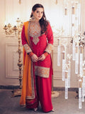 NOOSHAM Fuchsia & Orange Silk embroidered dress fabric view 1