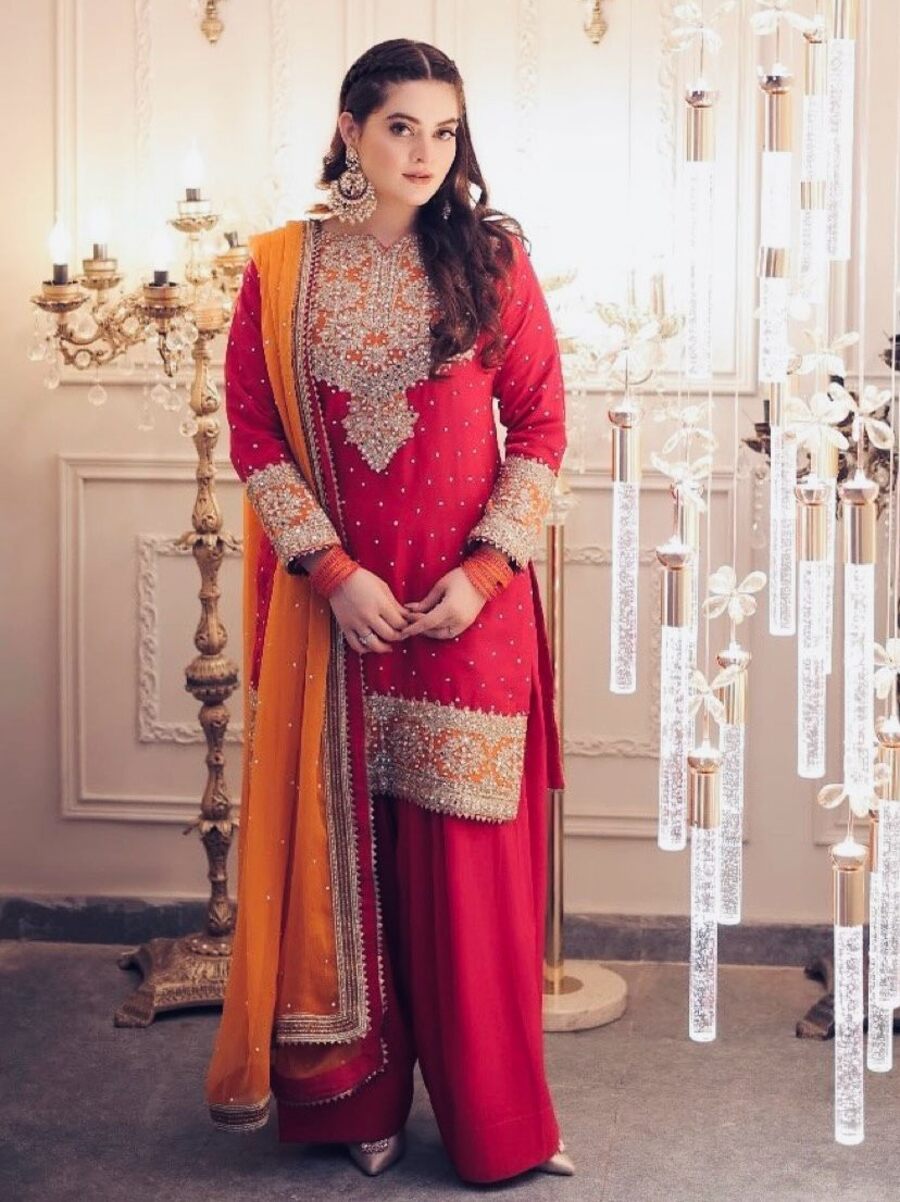 NOOSHAM Fuchsia & Orange Silk embroidered dress fabric view 1