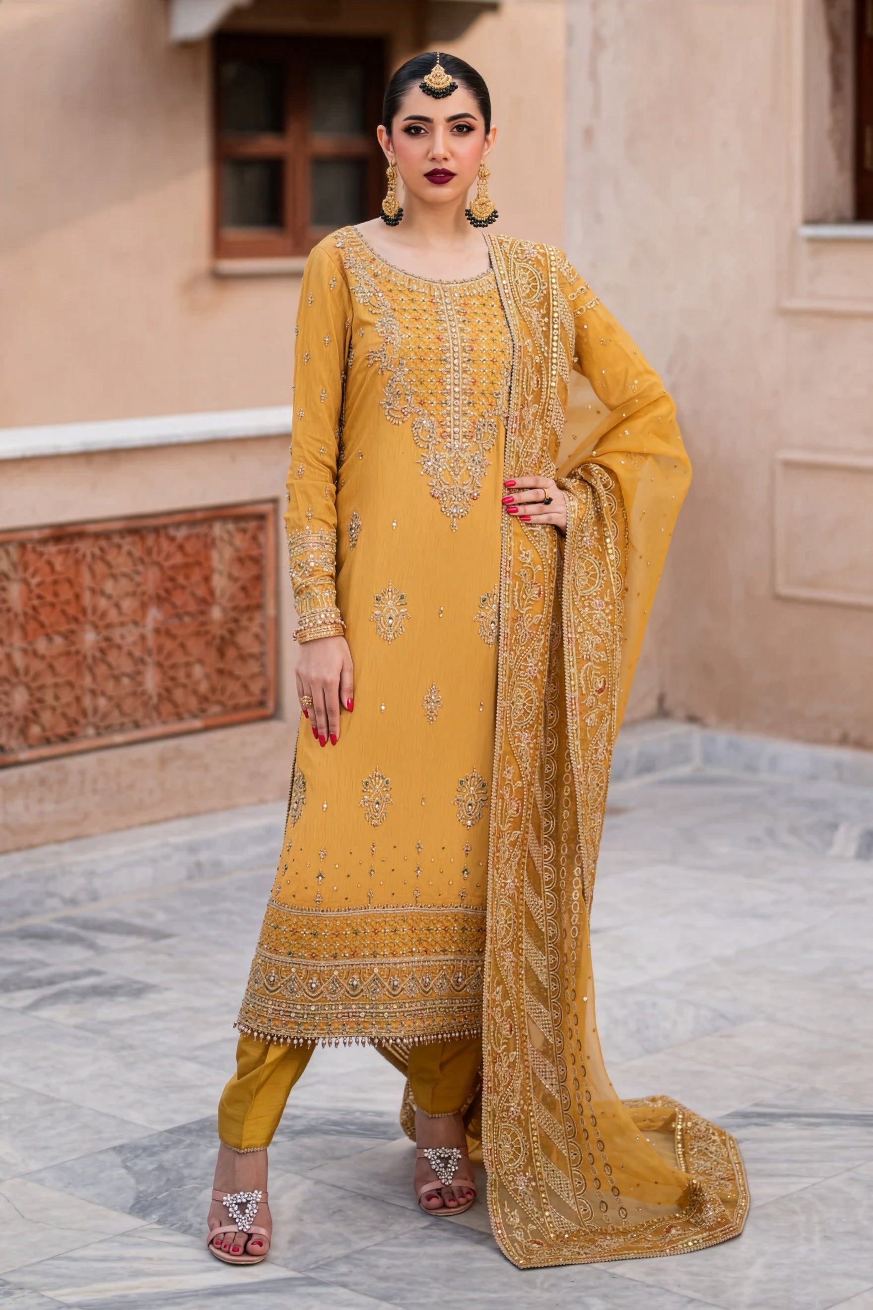 Naqshi Mustard Yellow & Gold Silk Pakistani occasion suit view 1