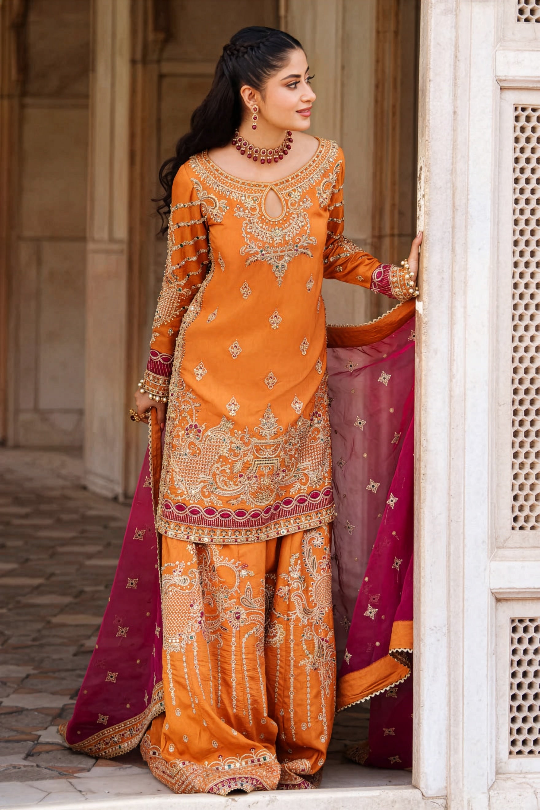 Naqshi Orange & Magenta Silk Pakistani occasion suit view 1