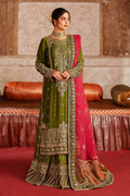 Naqshi Olive Green & Fuchsia Silk Pakistani occasion suit view 1