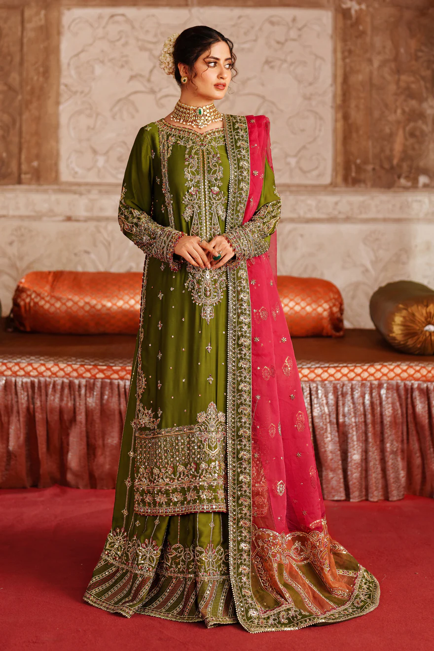 Naqshi Olive Green & Fuchsia Silk Pakistani occasion suit view 1