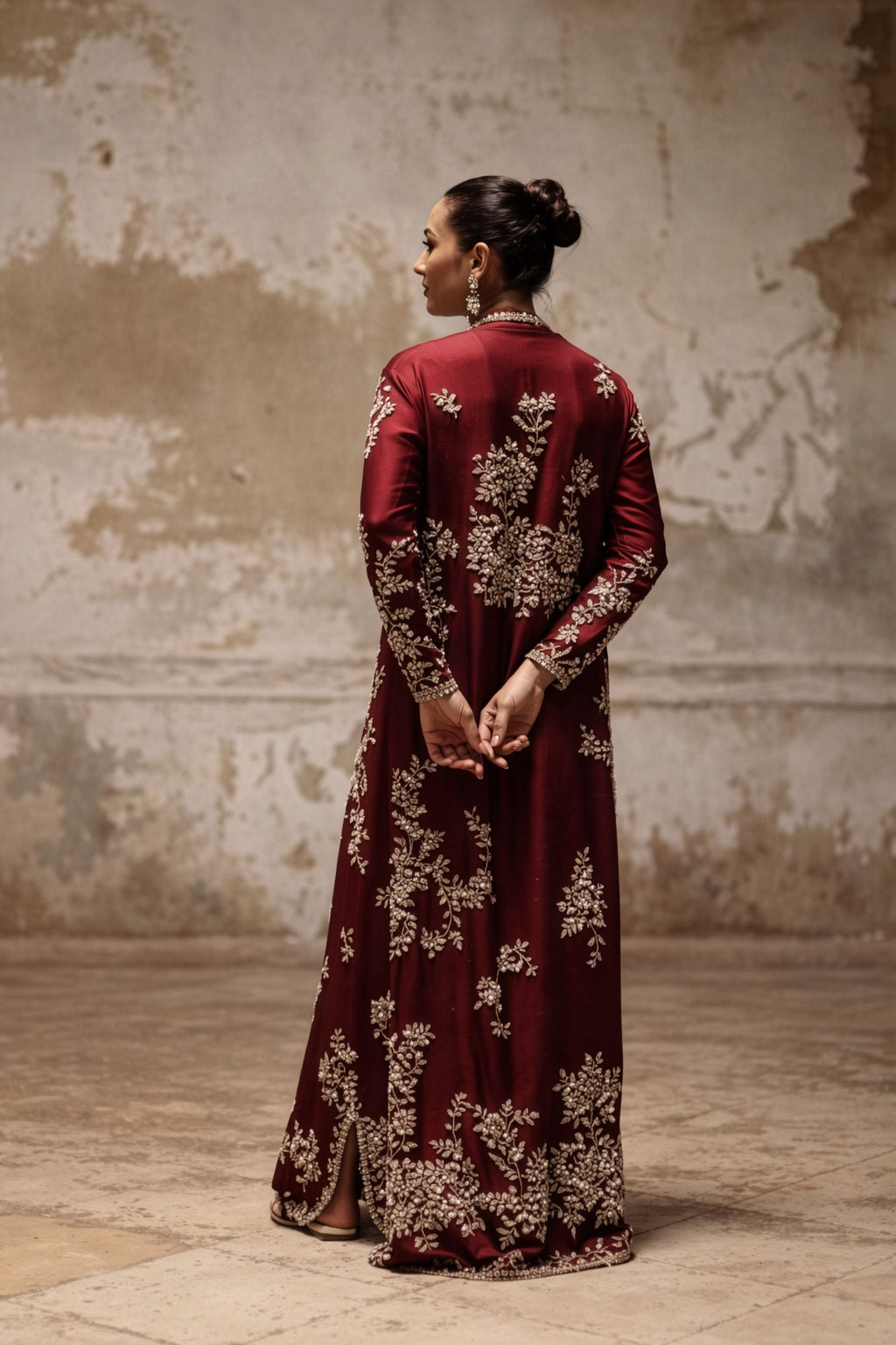 Nida Azwer Burgundy & Silver Silk embroidered dress fabric view 2
