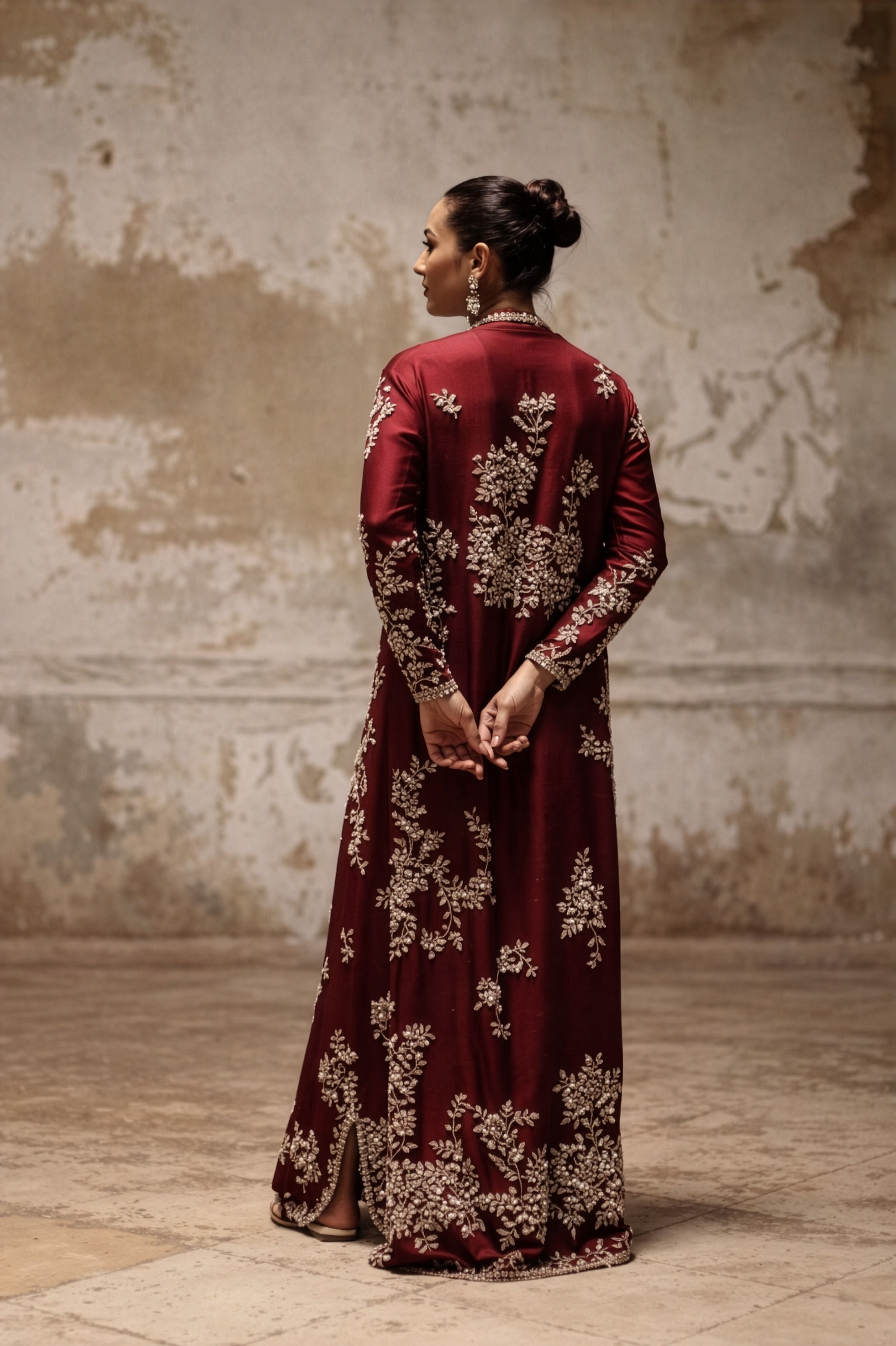Nida Azwer Burgundy & Silver Silk embroidered dress fabric view 2