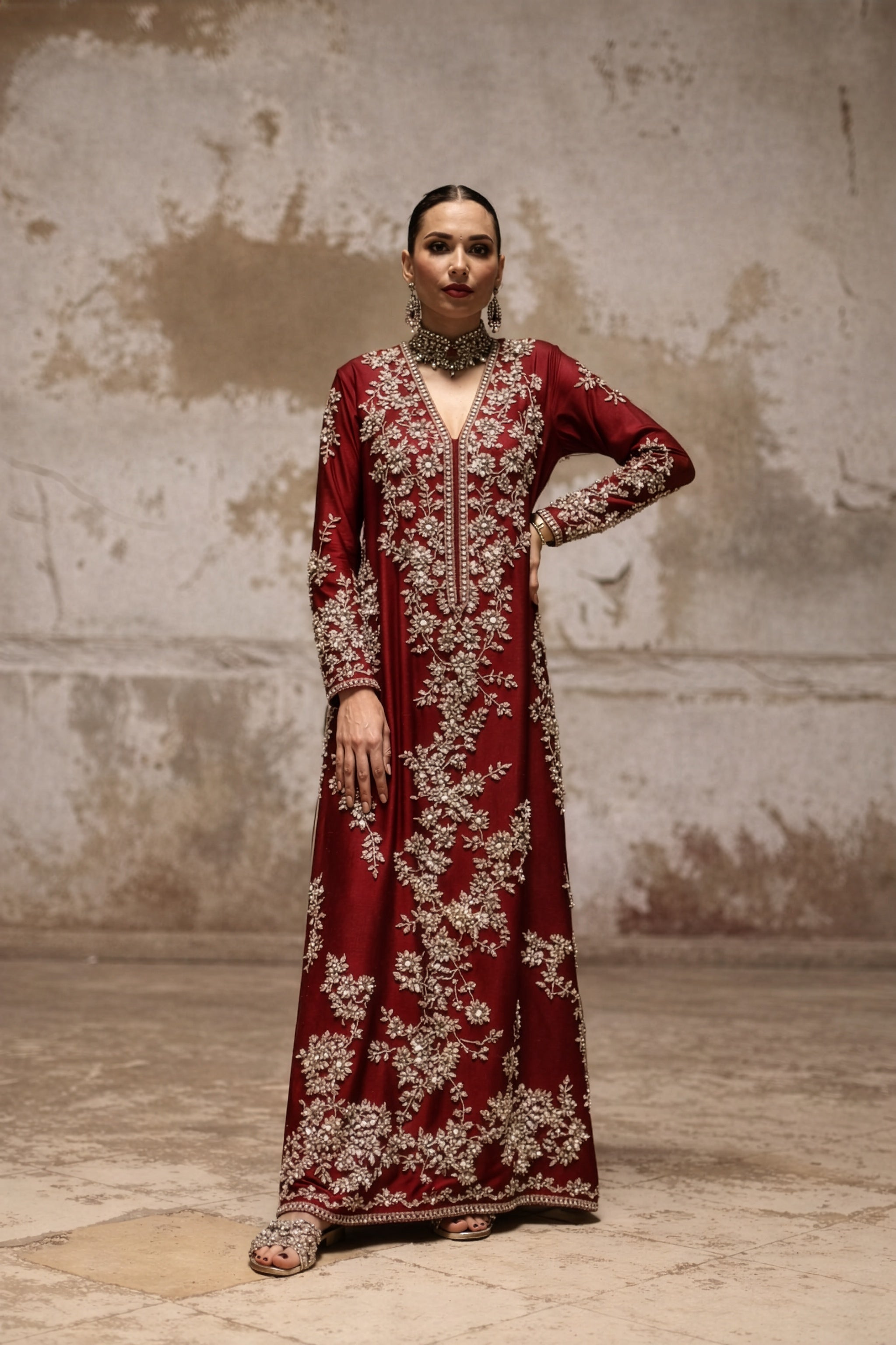 Nida Azwer Burgundy & Silver Silk embroidered dress fabric view 1