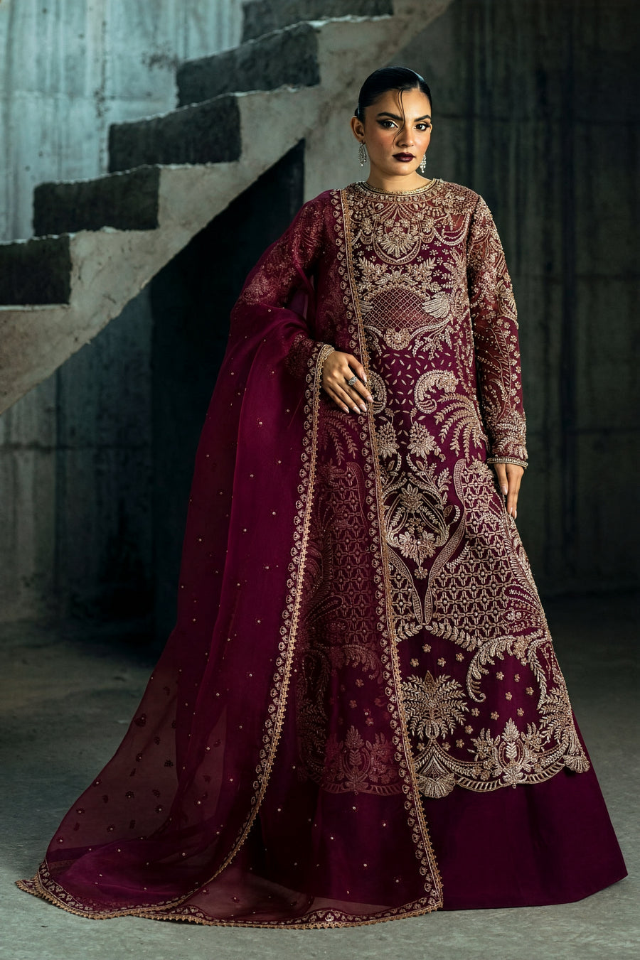 Nyra Burgundy & Silver Silk Pakistani occasion suit view 1