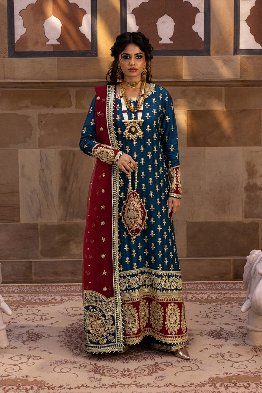 Rang Rasiya Navy Blue & Burgundy Silk Pakistani occasion suit view 1