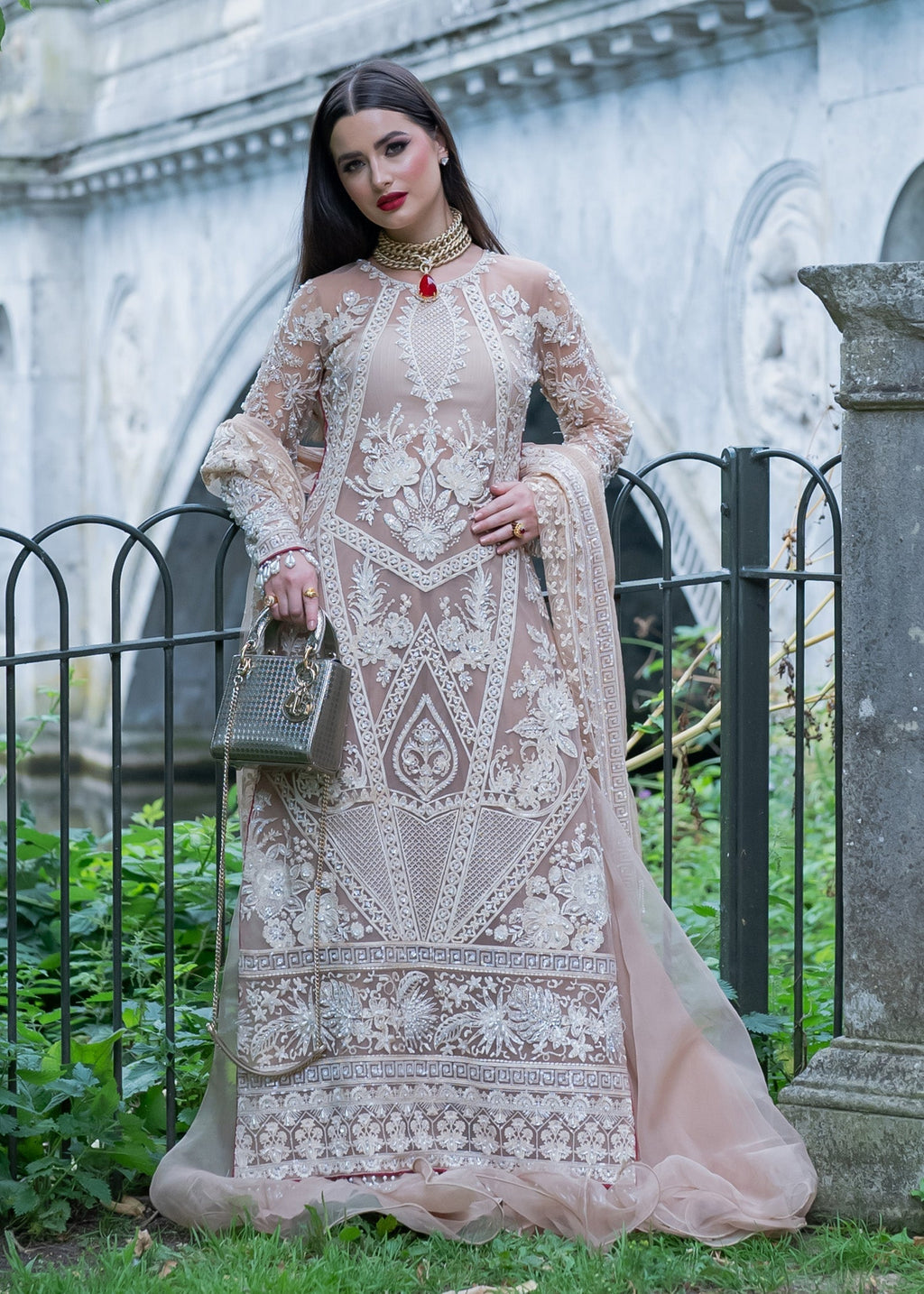 Hussain Rehar Blush Pink & White Organza embroidered dress fabric view 2