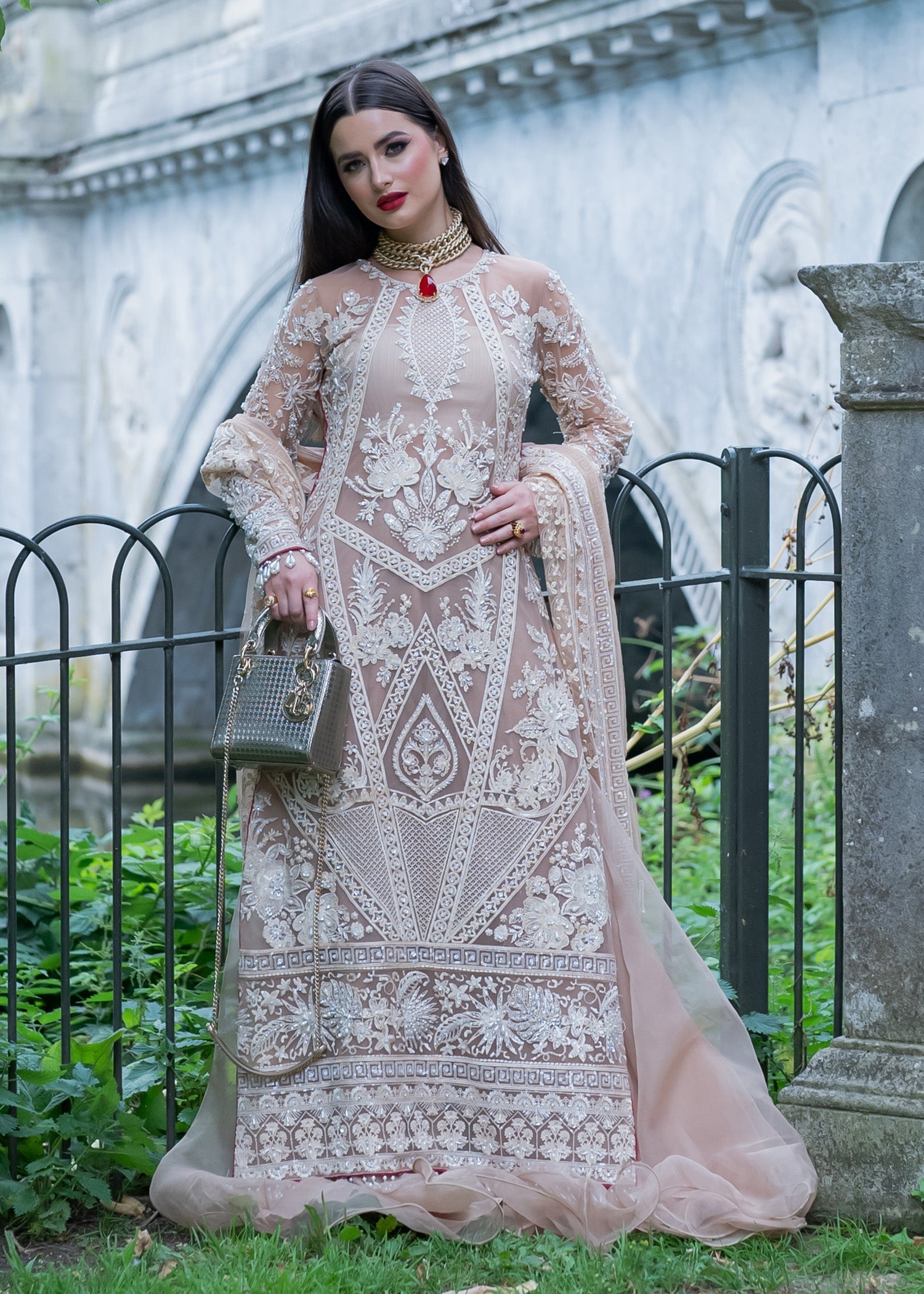 Hussain Rehar Blush Pink & White Organza embroidered dress fabric view 2