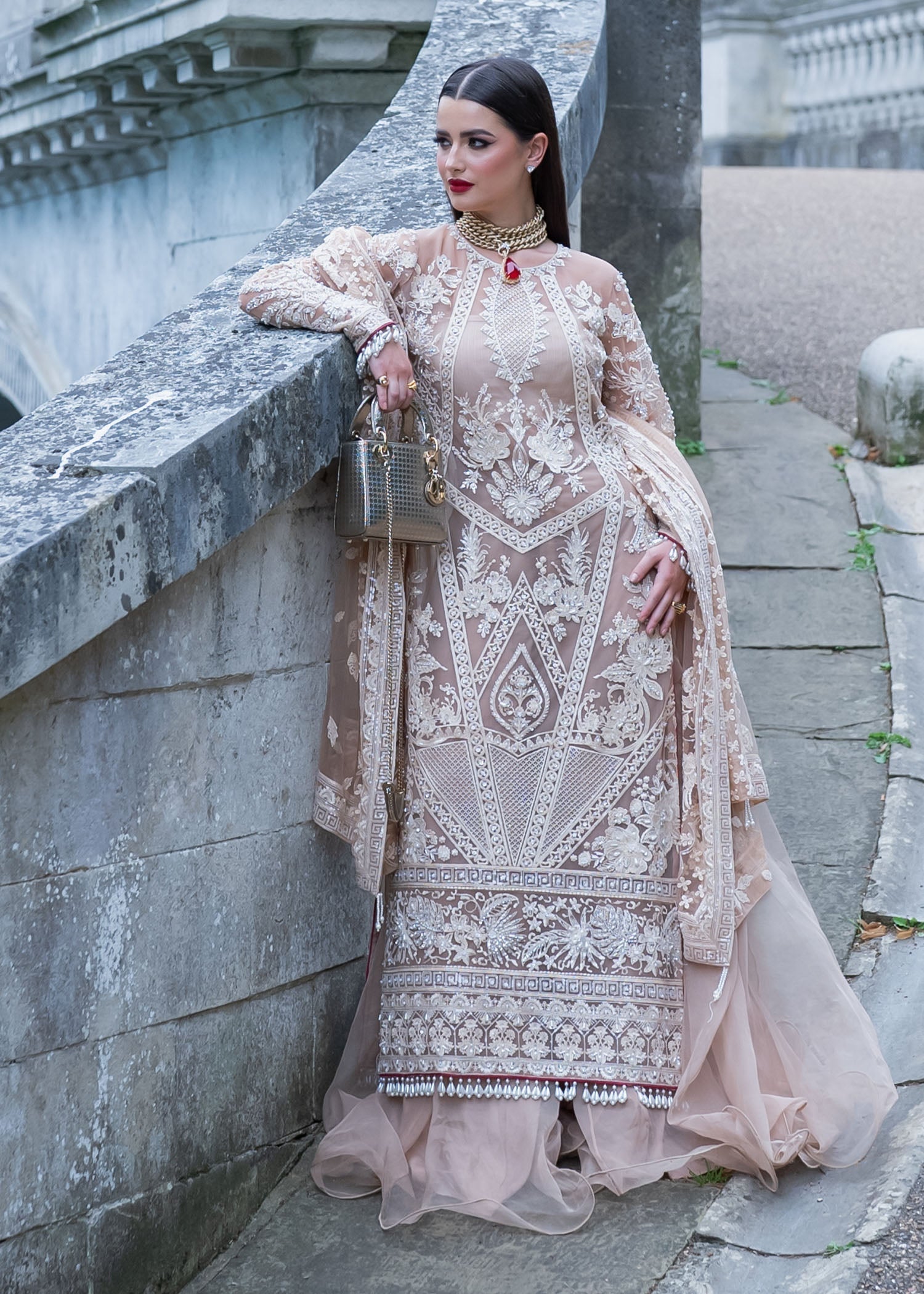 Hussain Rehar Blush Pink & White Organza embroidered dress fabric view 1