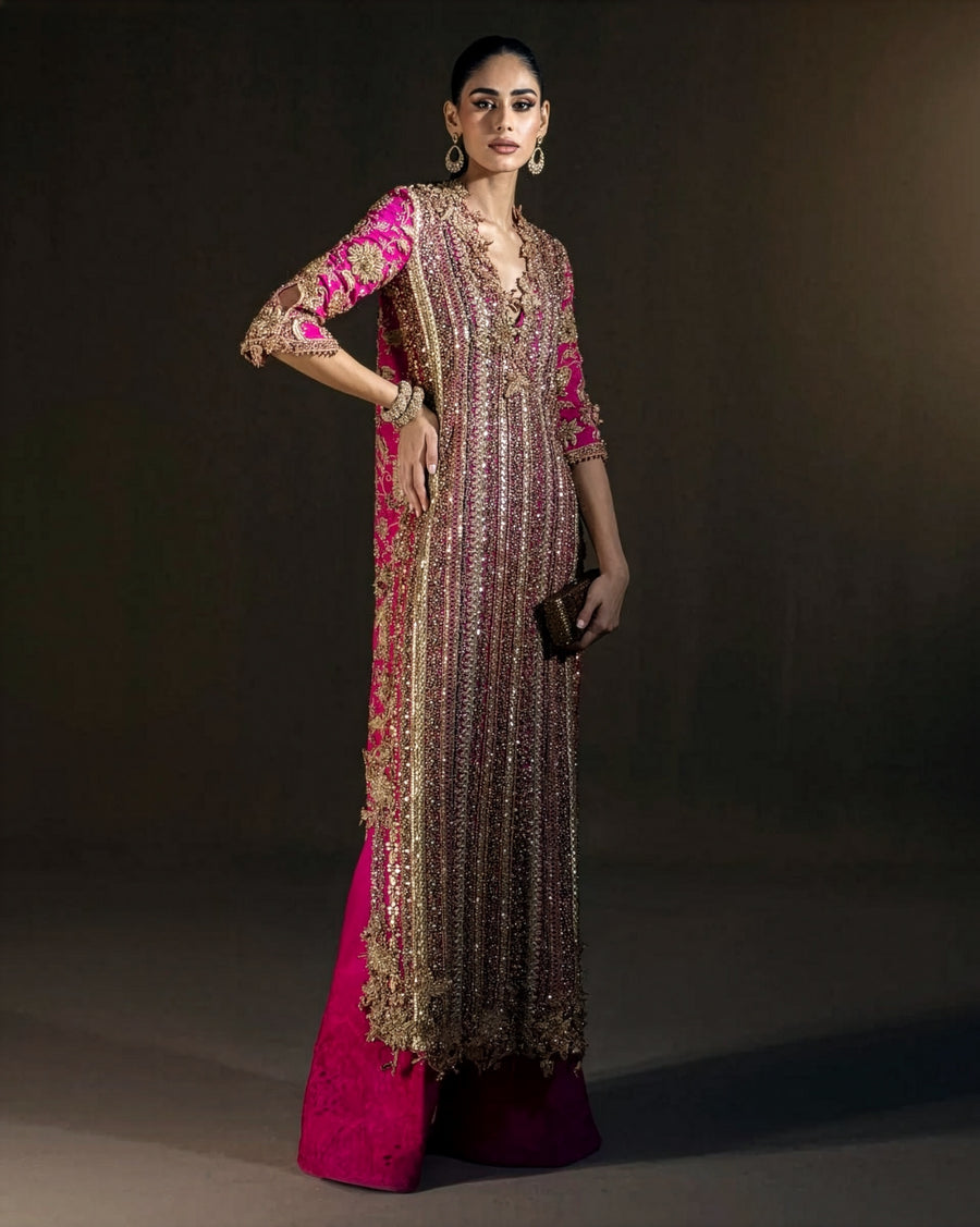 Sana Safinaz Fuchsia & Bronze Organza Pakistani occasion suit view 1