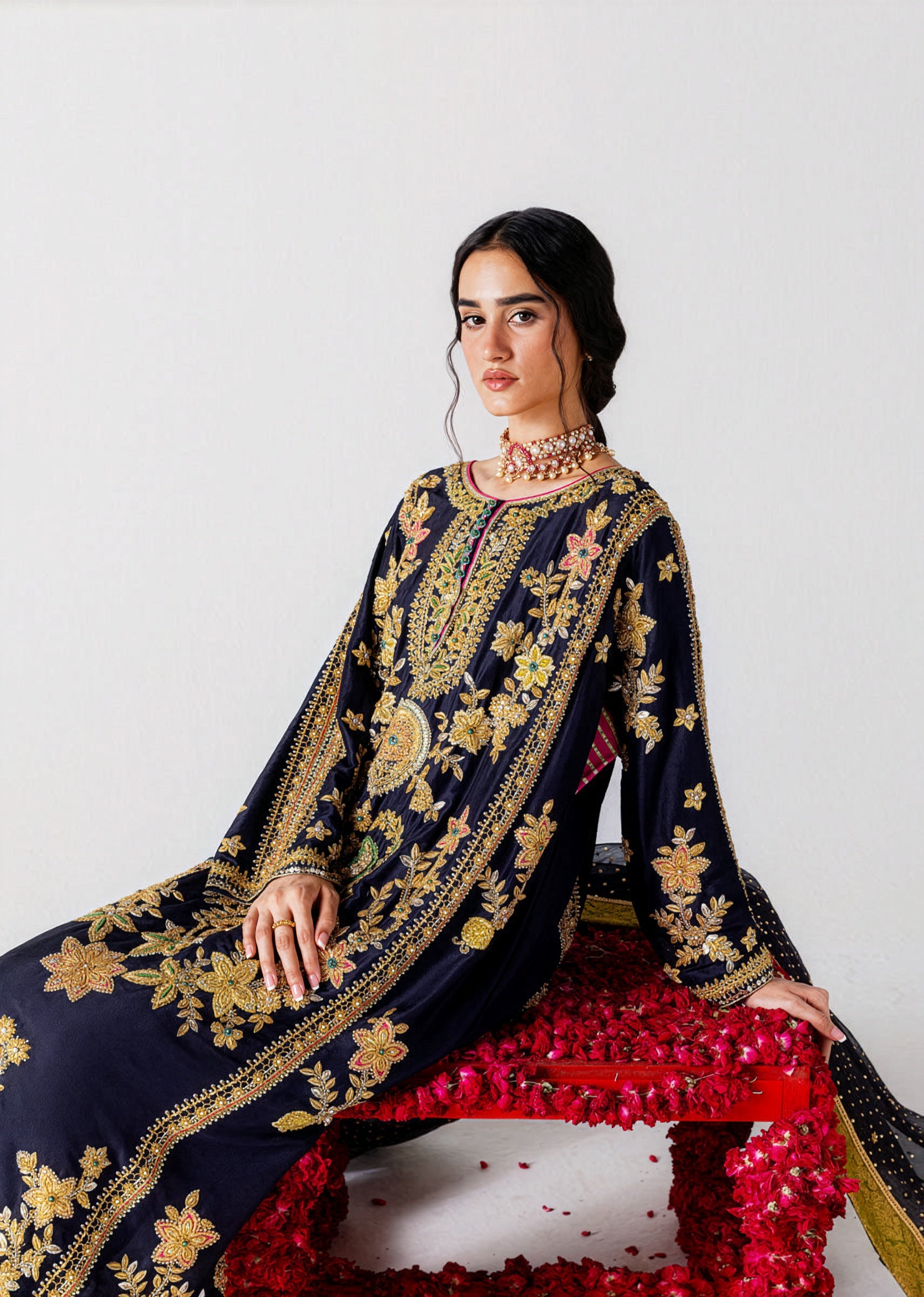 Sara Rohail Asghar Navy Blue & Olive Green Silk embroidered dress fabric view 2
