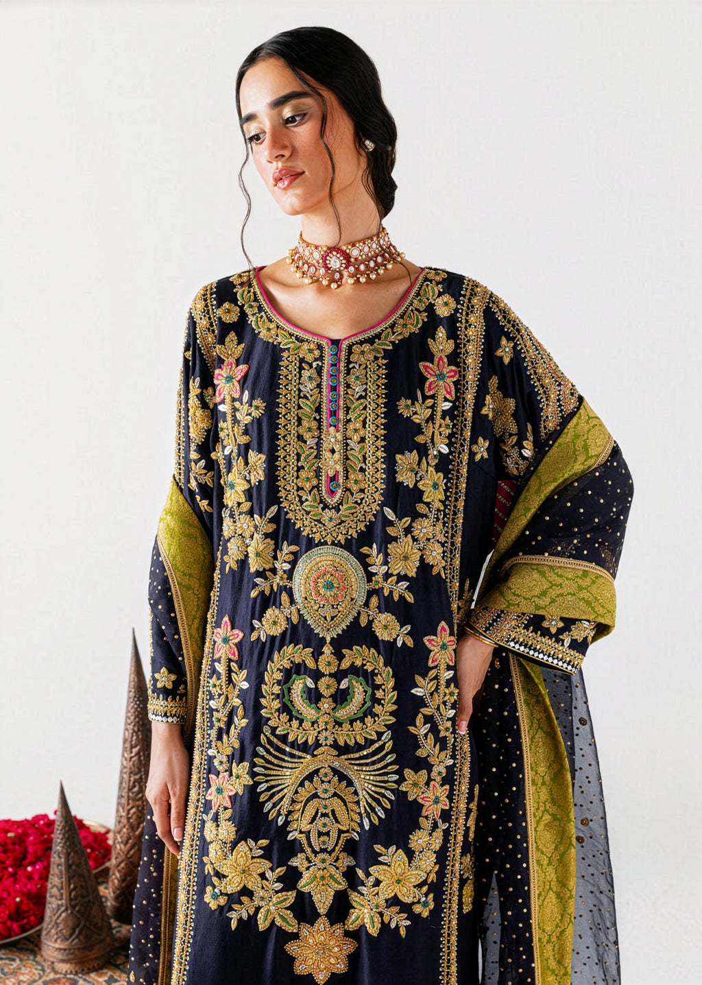 Sara Rohail Asghar Navy Blue & Olive Green Silk embroidered dress fabric view 1