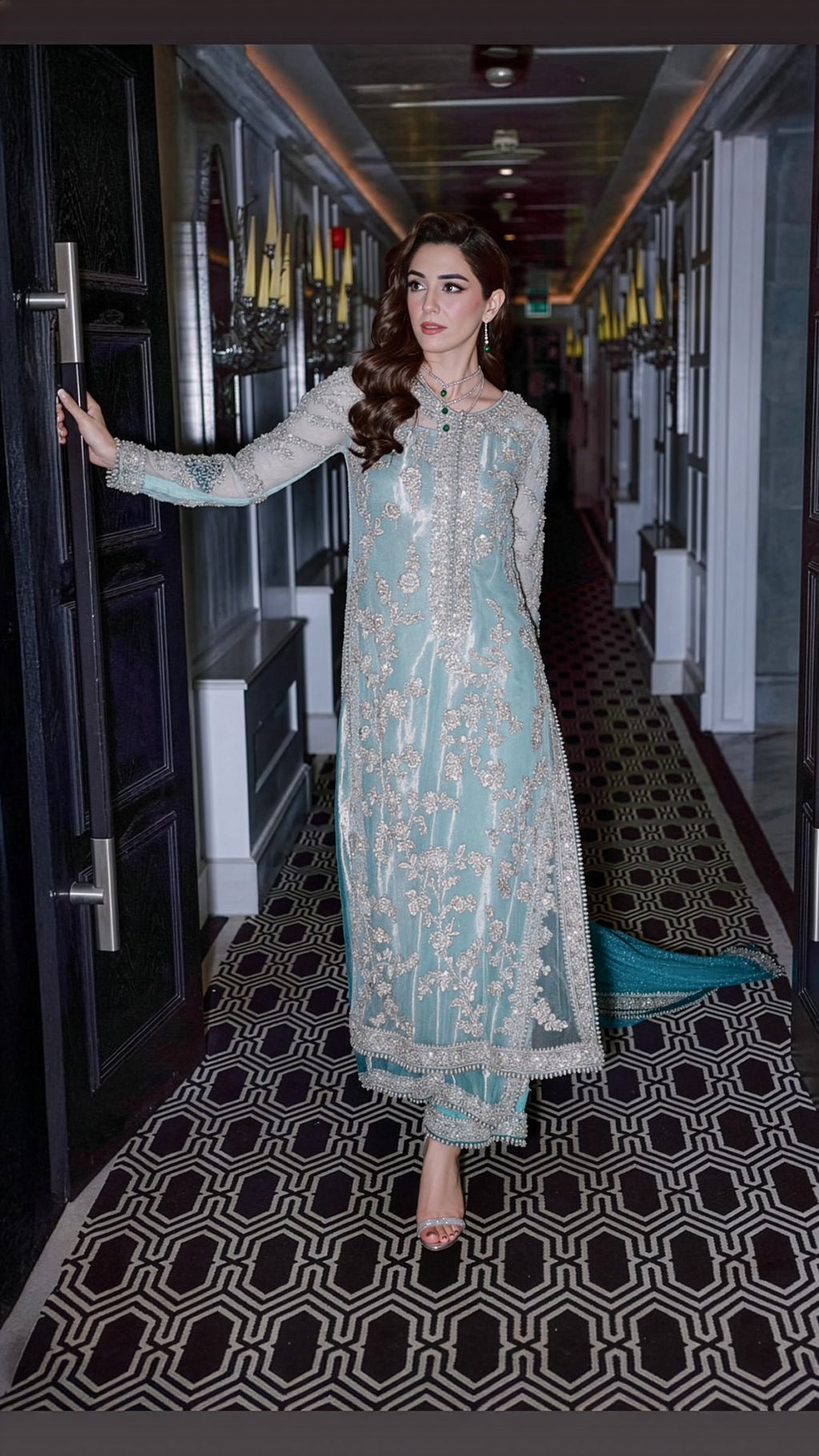 Sara Rohail Asghar Light Blue & Silver Silk embroidered dress fabric view 1