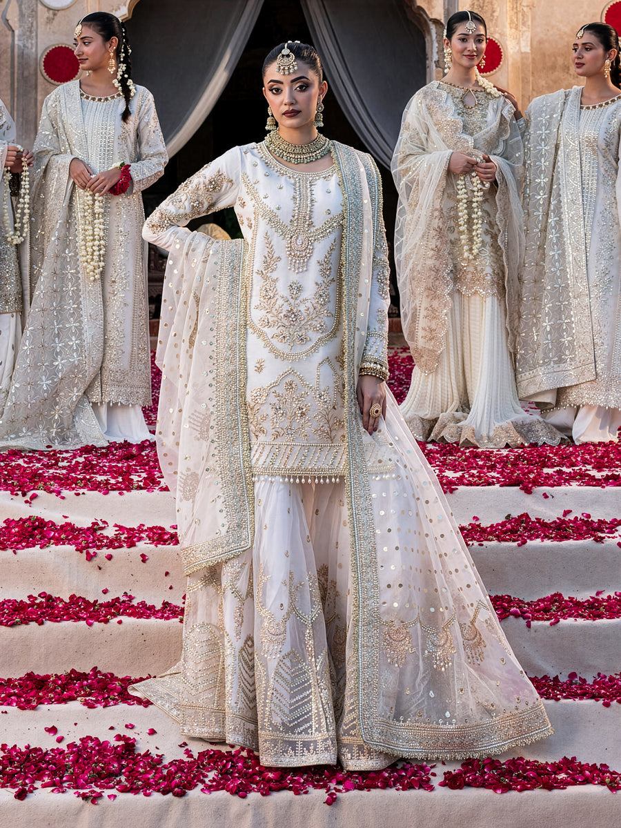 Shah Jahan Nikah Outfit Ivory & Silver Organza Pakistani occasion suit view 1