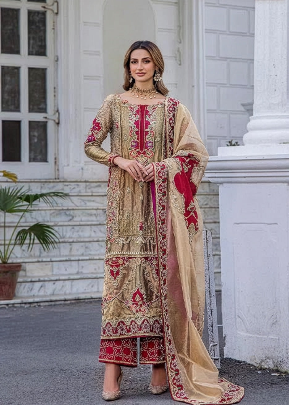Shazia Kiani Beige & Red Silk embroidered dress fabric view 2