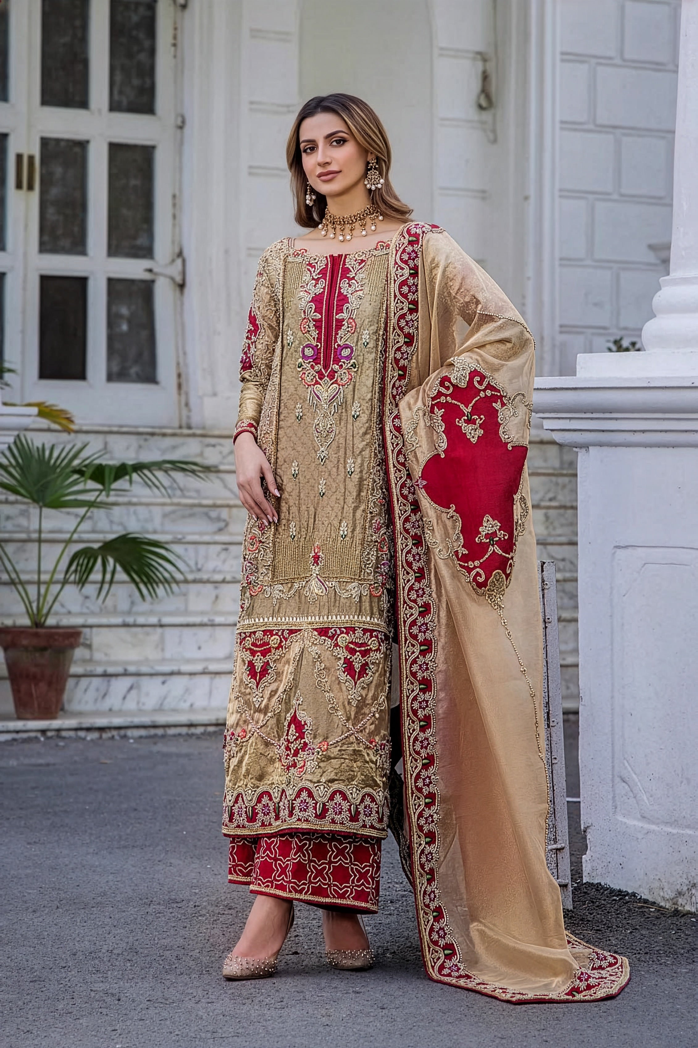 Shazia Kiani Beige & Red Silk embroidered dress fabric view 1