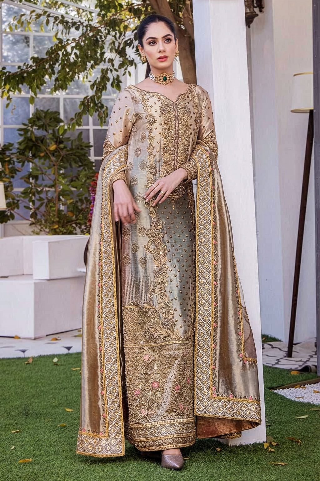 Shazia Kiyani Beige & Gold Zari Pakistani occasion suit view 1
