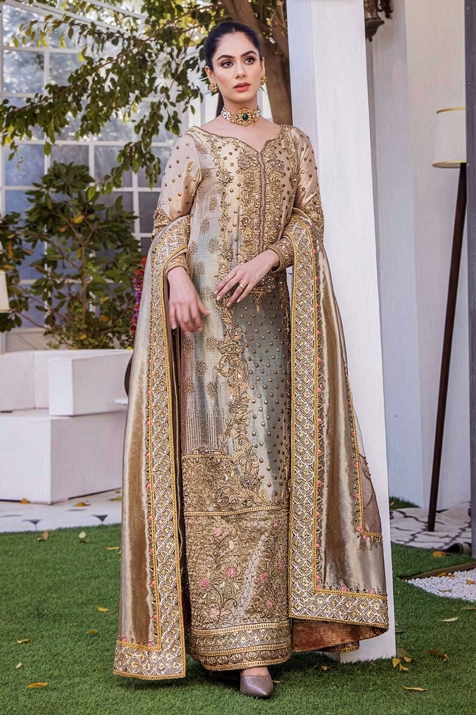 Shazia Kiyani Beige & Gold Zari Pakistani occasion suit view 1