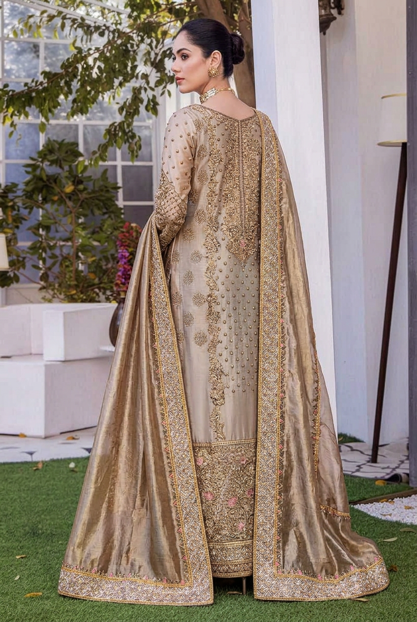 Shazia Kiyani Beige & Gold Zari Pakistani occasion suit view 2