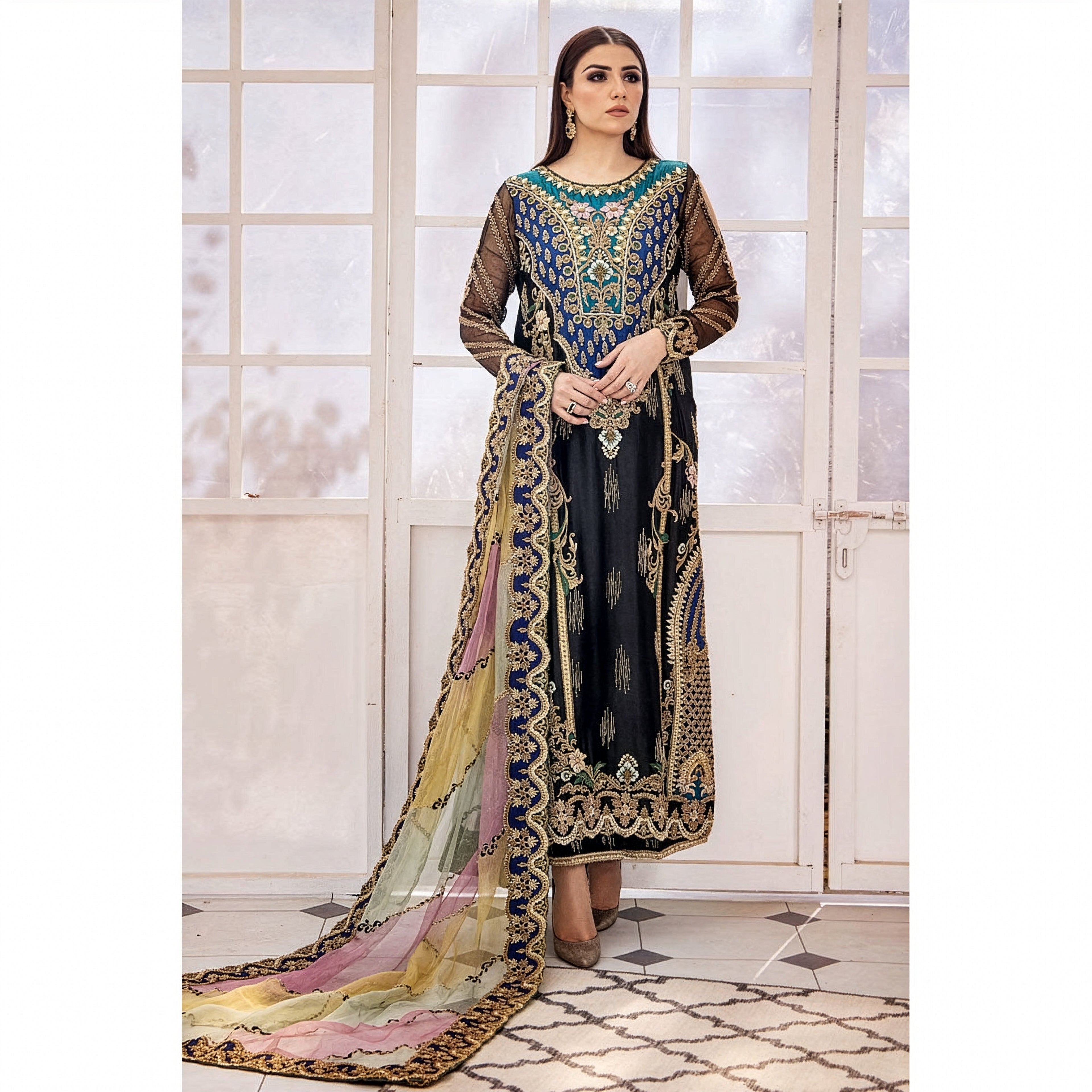 Shazia kiyani Black & Teal Silk Pakistani occasion suit view 1