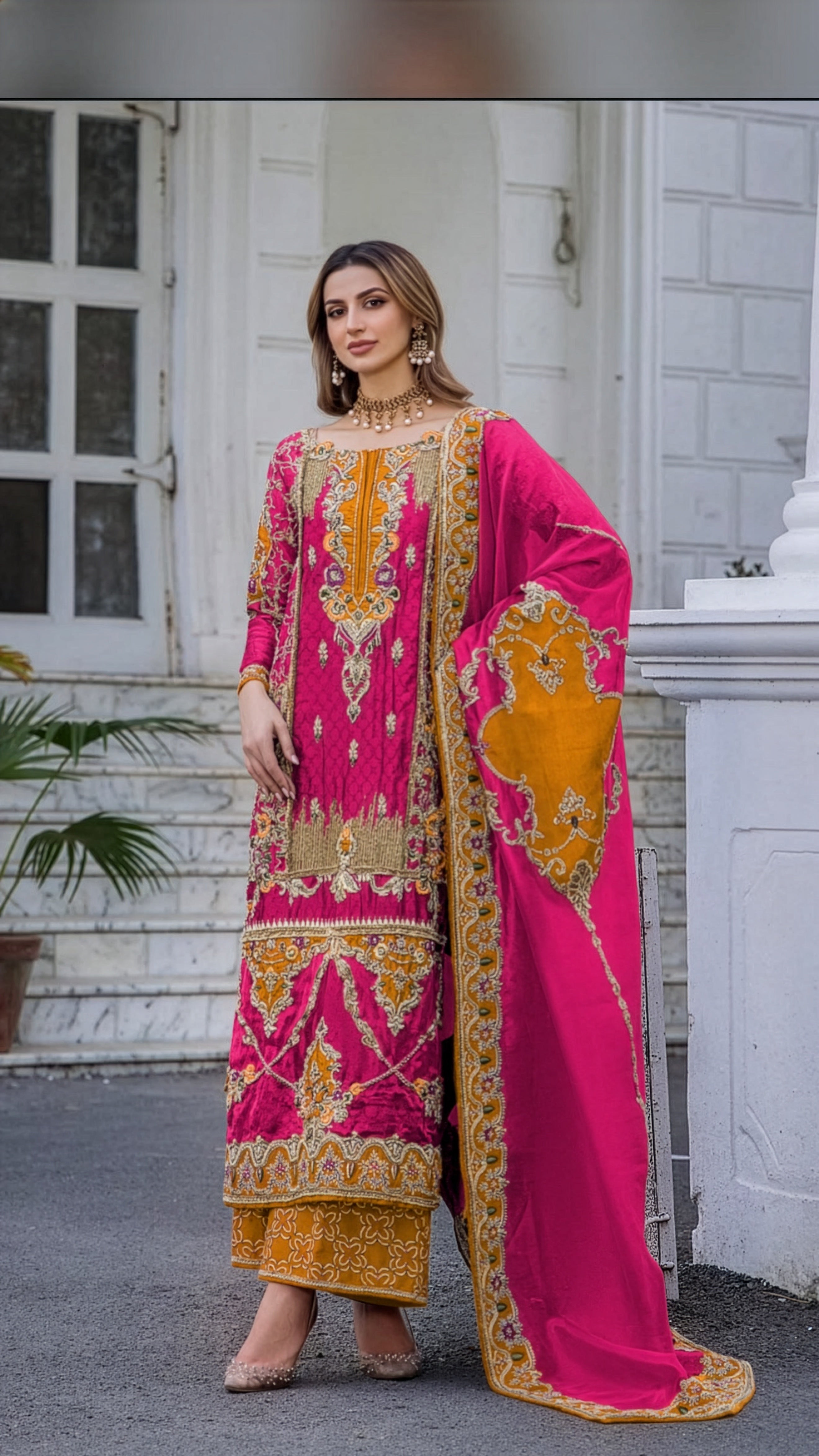 Shazia kiyani Fuchsia & Mustard Yellow Silk Pakistani occasion suit view 1