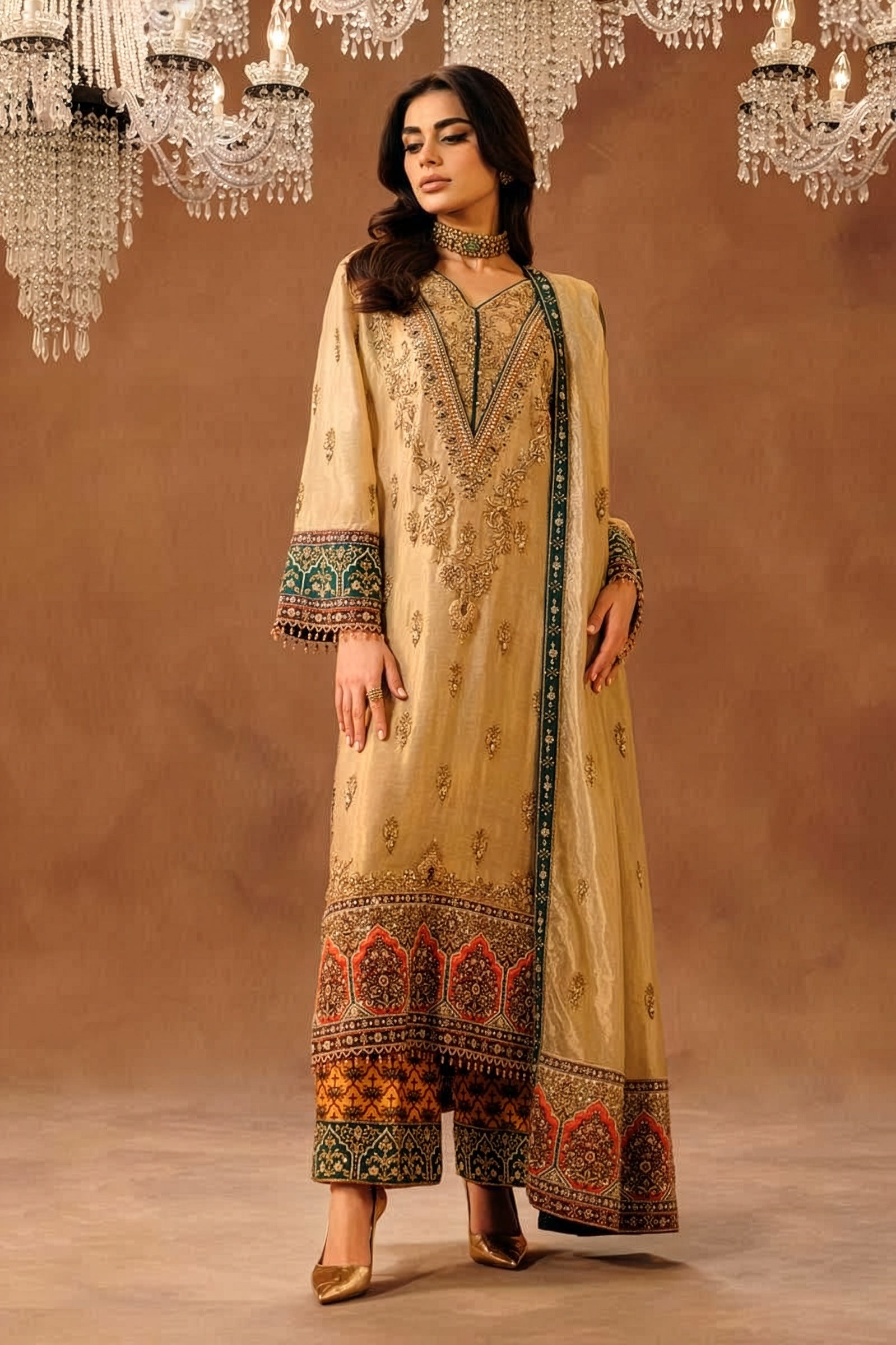 Shaziya kiyani Beige & Green Silk Pakistani occasion suit view 1