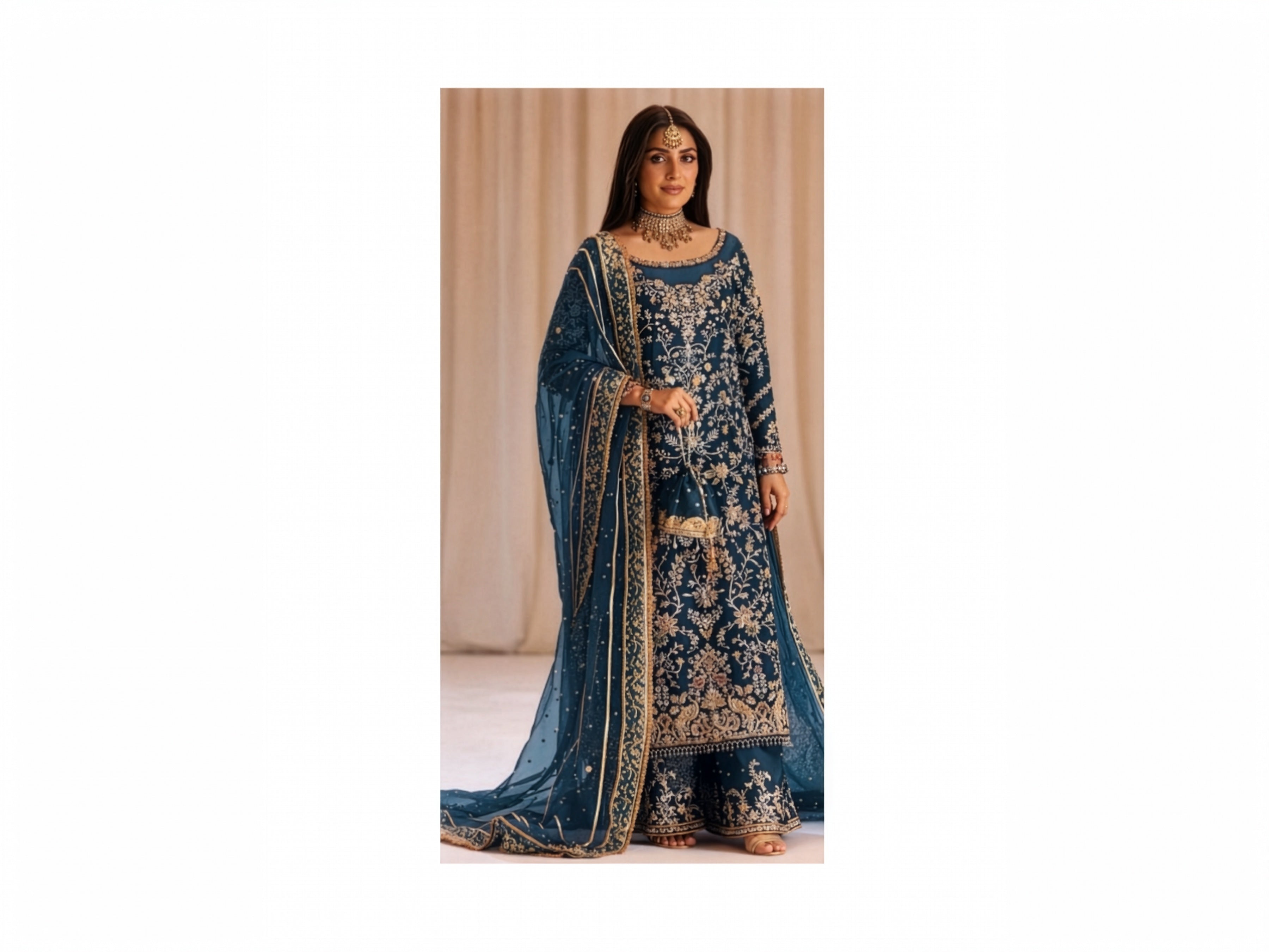 Tabya- Tabeer Navy Blue & Gold Silk Pakistani occasion suit view 1