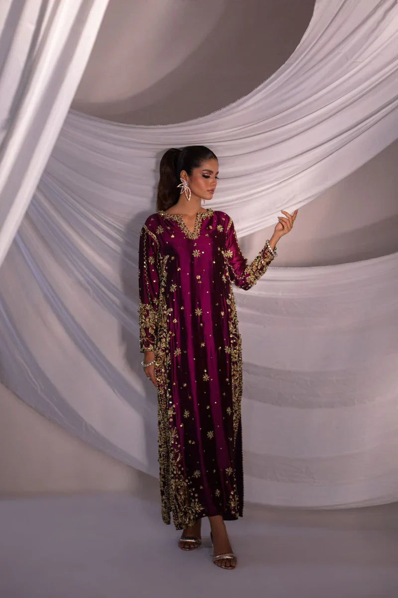 Hussain Rehar Burgundy & Gold Velvet embroidered dress fabric view 1