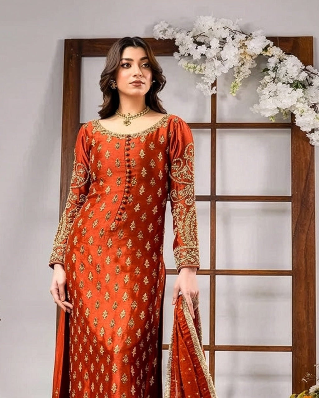 Ahmad Sultan Raw Silk Embroidered Wedding Suit embroidery and neckline detail