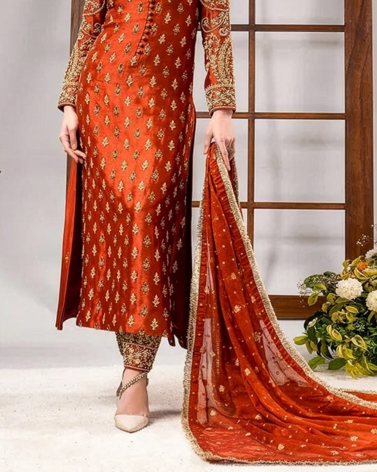 Ahmad Sultan Raw Silk Embroidered Wedding Suit fabric, border and hem detail