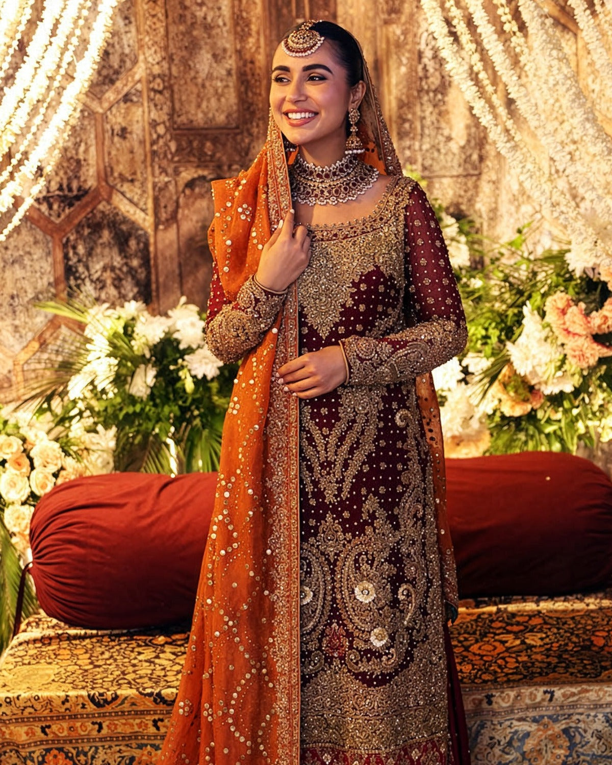 Aisha imran Raw Silk Embroidered Wedding Suit embroidery and neckline detail