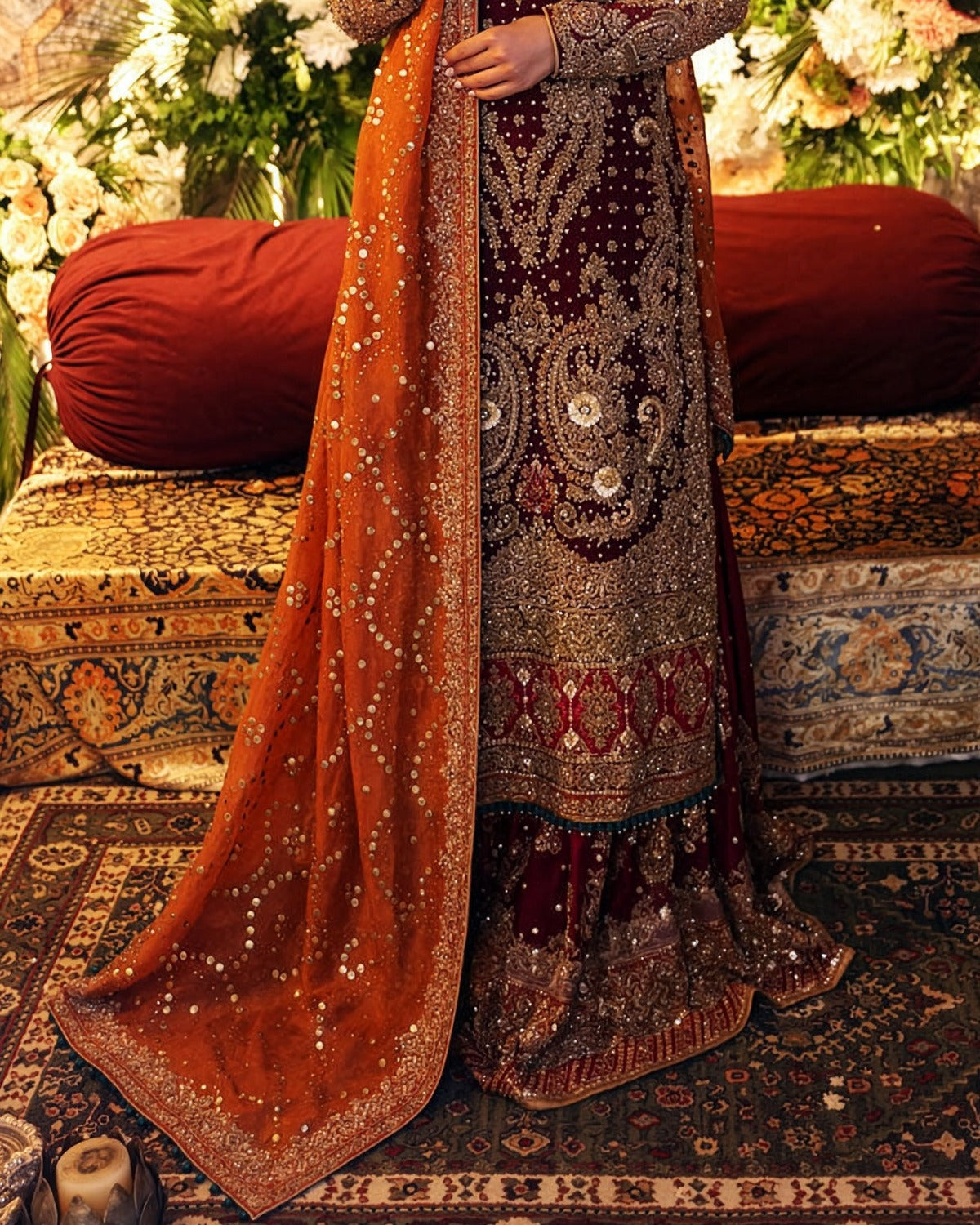 Aisha imran Raw Silk Embroidered Wedding Suit fabric, border and hem detail