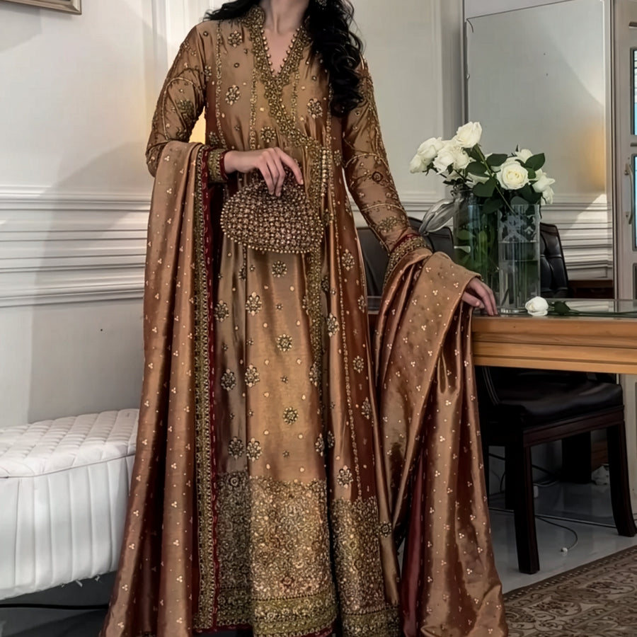Haris Shakeel Antique Gold Zari Embroidered Dress Fabric fabric and embroidery detail – NOOSHAM UK