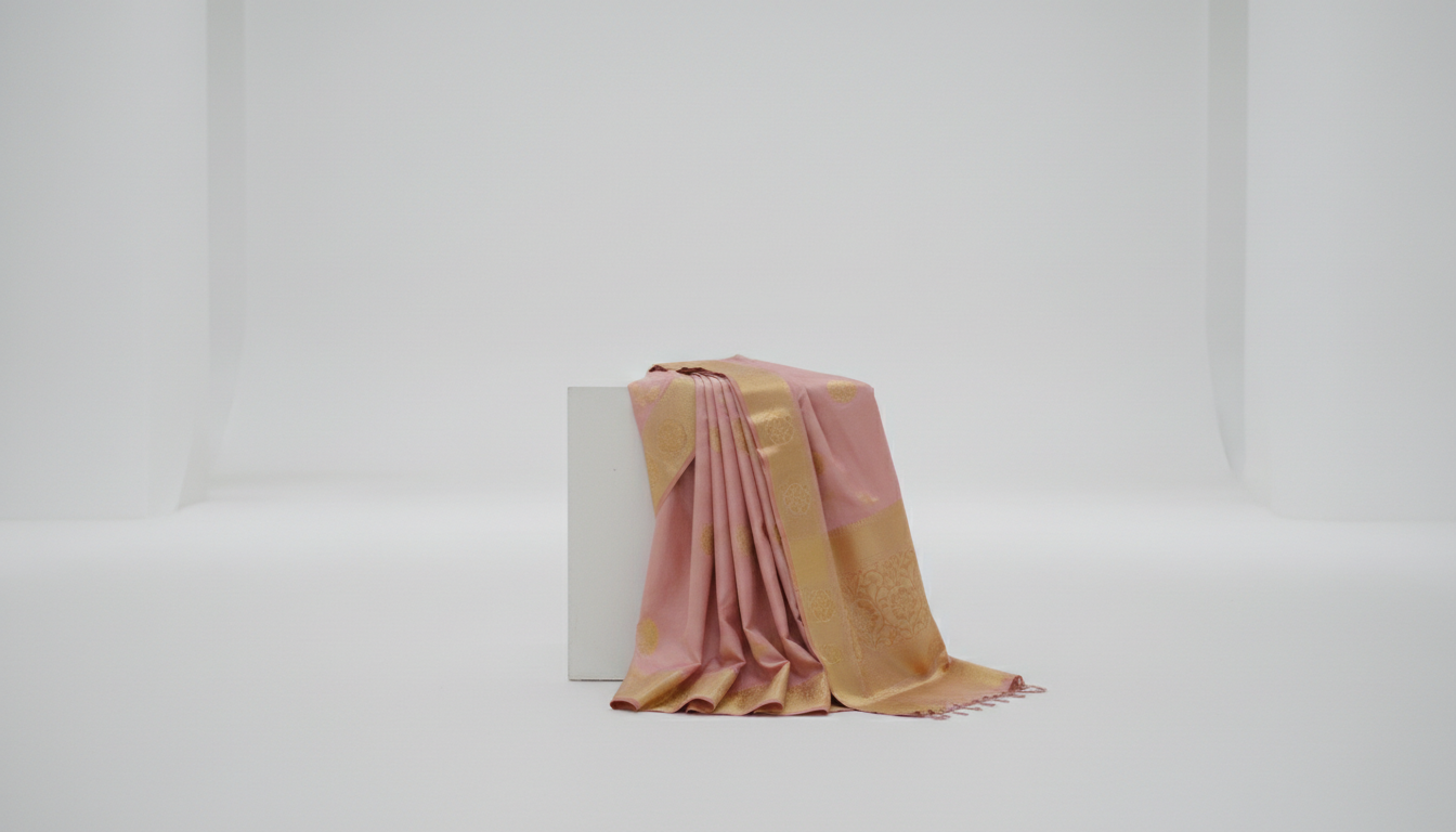 Blush saree draped over a white studio plinth