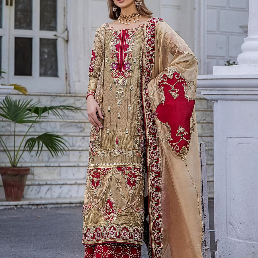 Shazia Kiani Beige & Red Tassel Silk Embroidered Dress Fabric fabric and embroidery detail – NOOSHAM UK