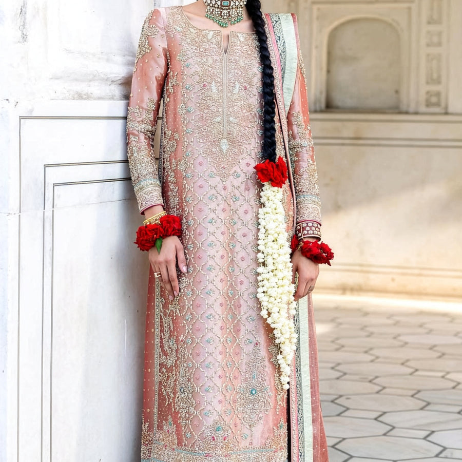 Farah & Fatima Blush Pink & Gold Sheesha Silk Embroidered Dress Fabric fabric and embroidery detail – NOOSHAM UK