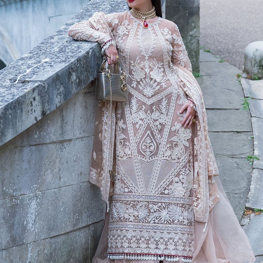 Hussain Rehar Blush Pink & White Organza Embroidered Dress Fabric fabric and embroidery detail – NOOSHAM UK