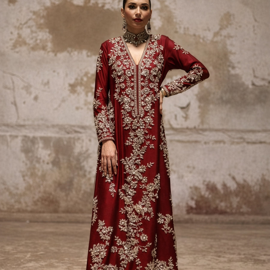 Nida Azwer Burgundy & Silver Tassel Silk Embroidered Dress Fabric fabric and embroidery detail – NOOSHAM UK