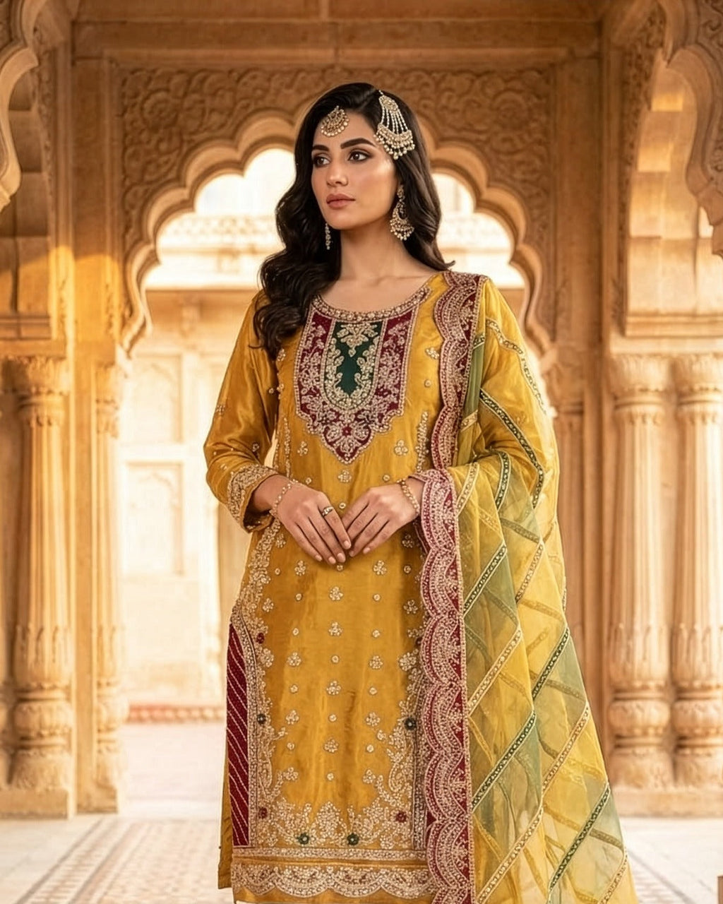 Designer Studio Sheesha Silk Embroidered Wedding Suit embroidery and neckline detail