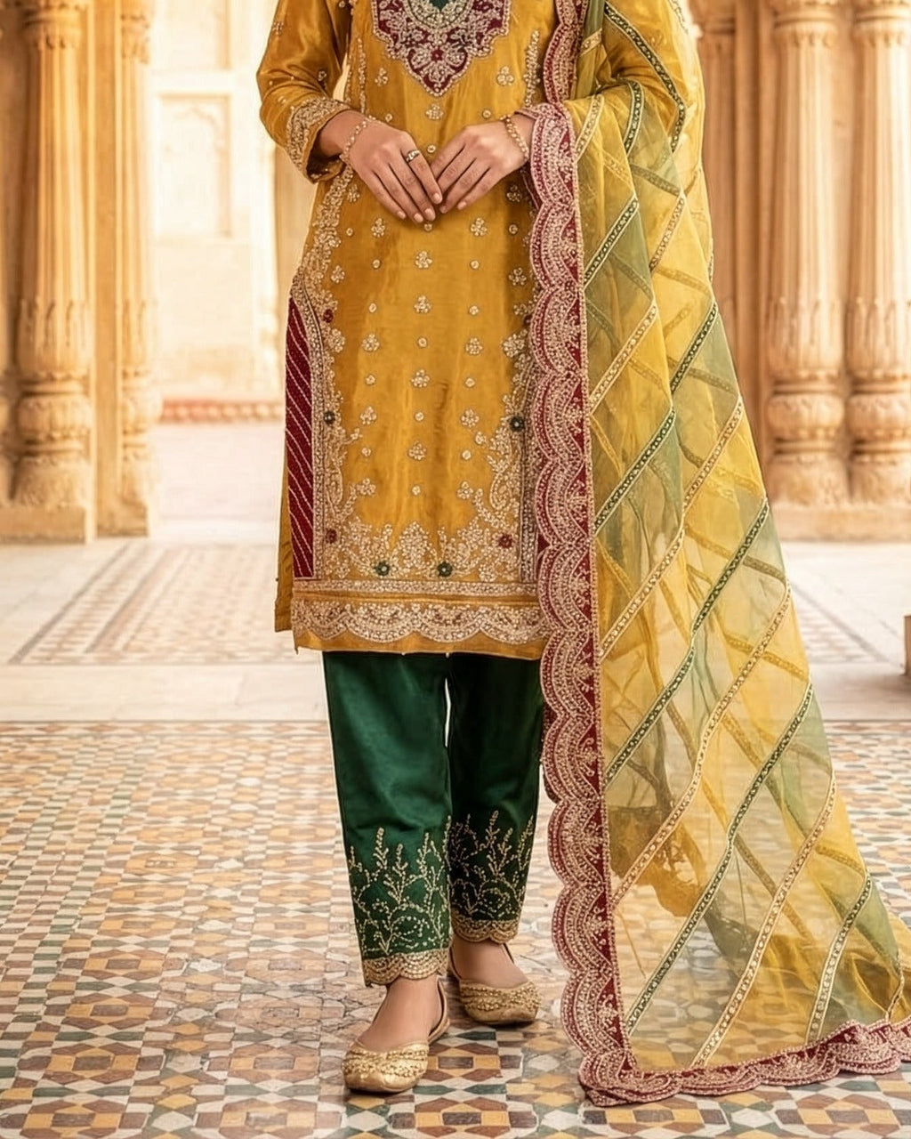 Designer Studio Sheesha Silk Embroidered Wedding Suit fabric, border and hem detail