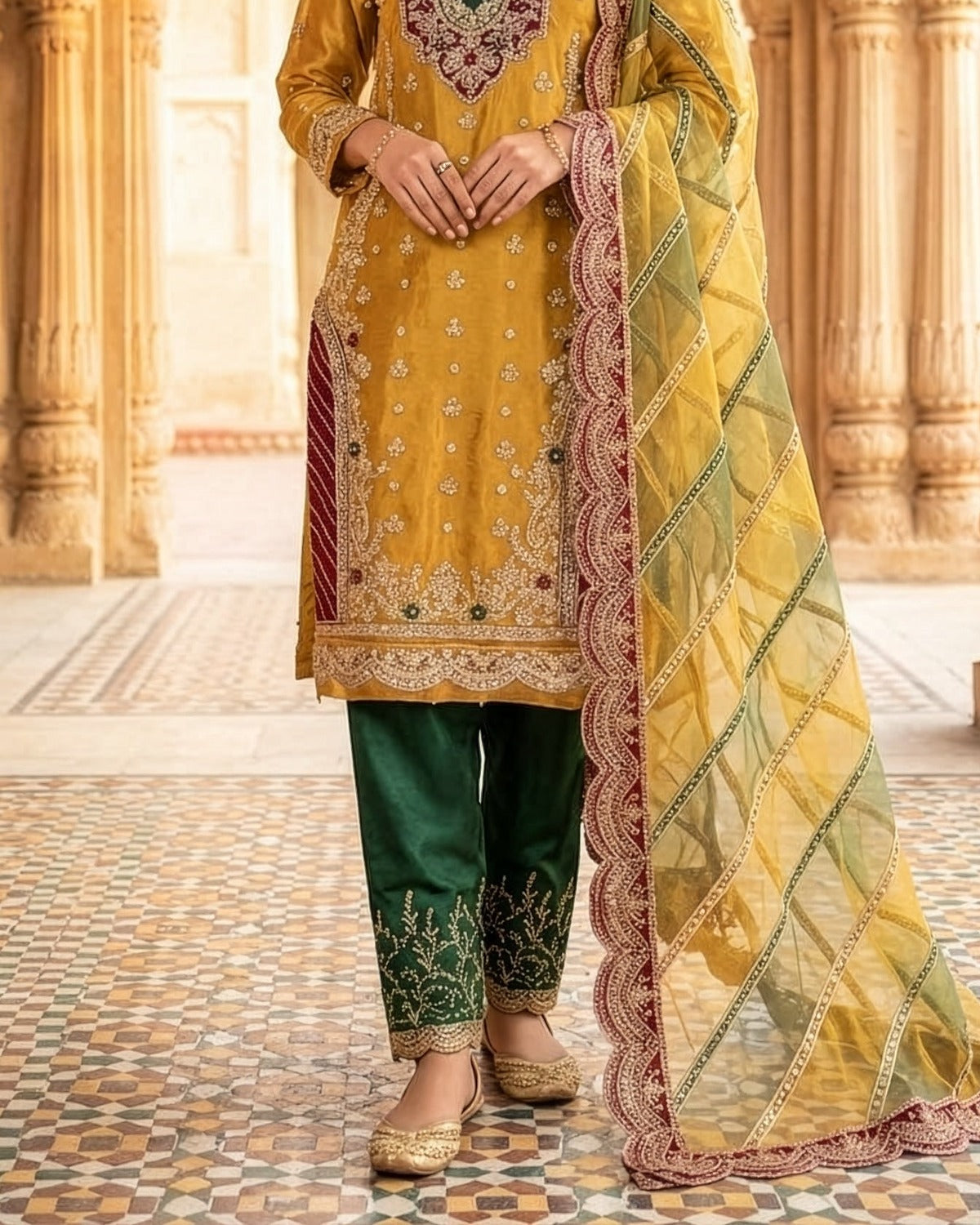 Designer Studio Sheesha Silk Embroidered Wedding Suit fabric, border and hem detail