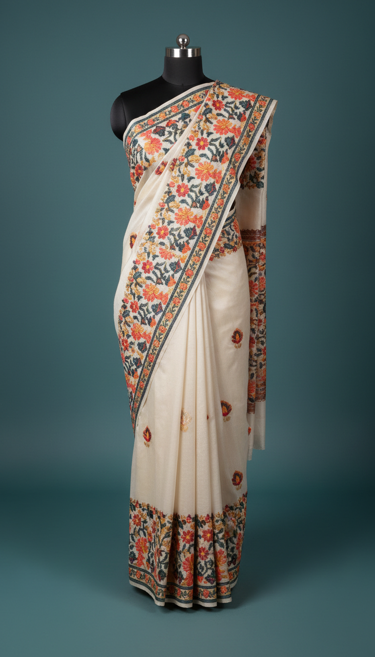 Ivory floral saree with embroidered border