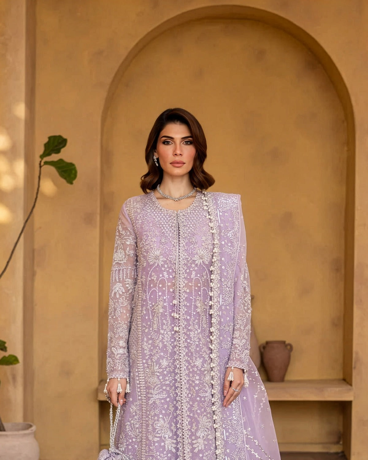 Emaan Adee Tassel Silk Embroidered Wedding Suit embroidery and neckline detail