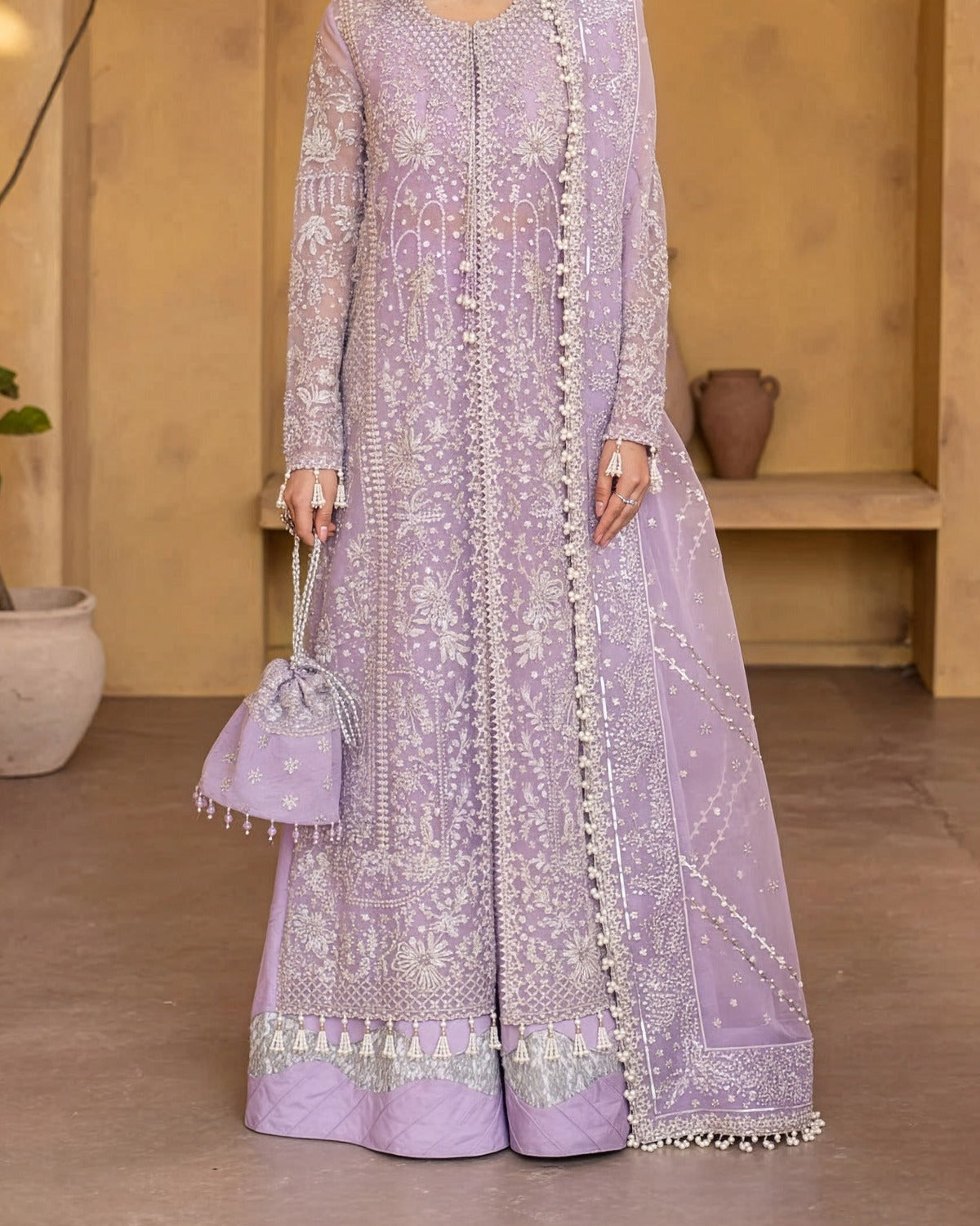Emaan Adee Tassel Silk Embroidered Wedding Suit fabric, border and hem detail