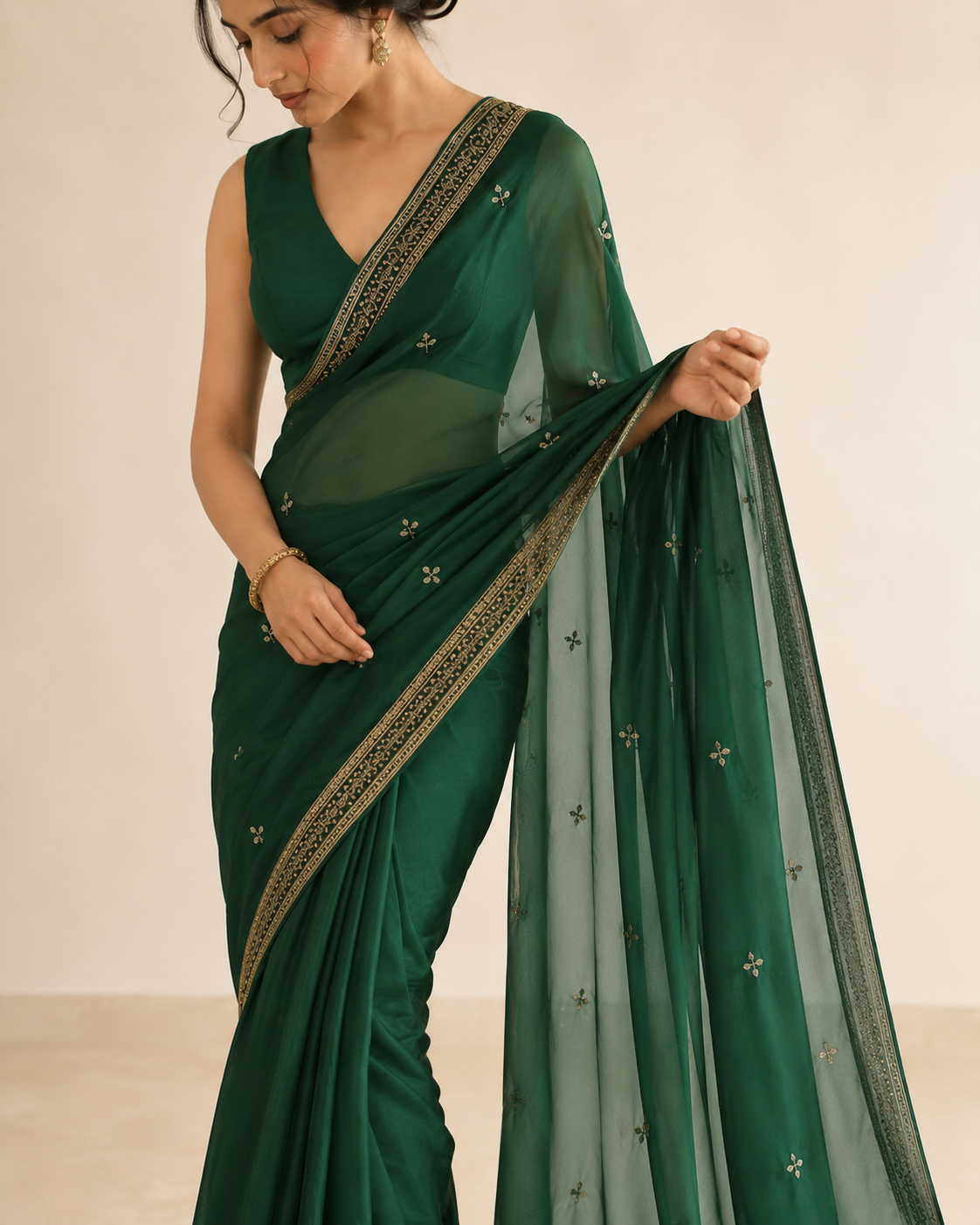 Emerald Green saree drape and detail view – NOOSHAM UK