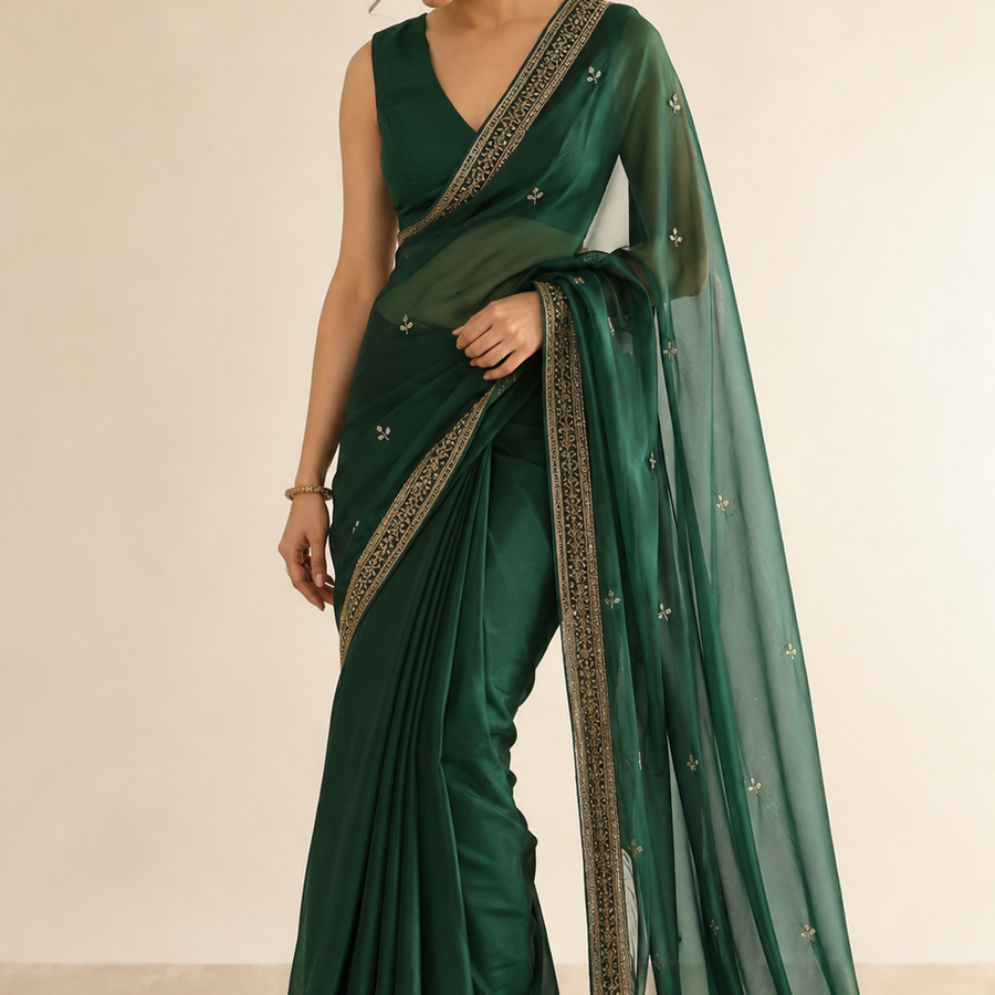 Emerald Green Saree with Gold Border – Occasion Wear fabric and embroidery detail – NOOSHAM UK
