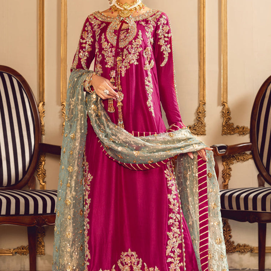 Sara Rohail Asghar Fuchsia & Light Blue Raw Silk Embroidered Dress Fabric fabric and embroidery detail – NOOSHAM UK